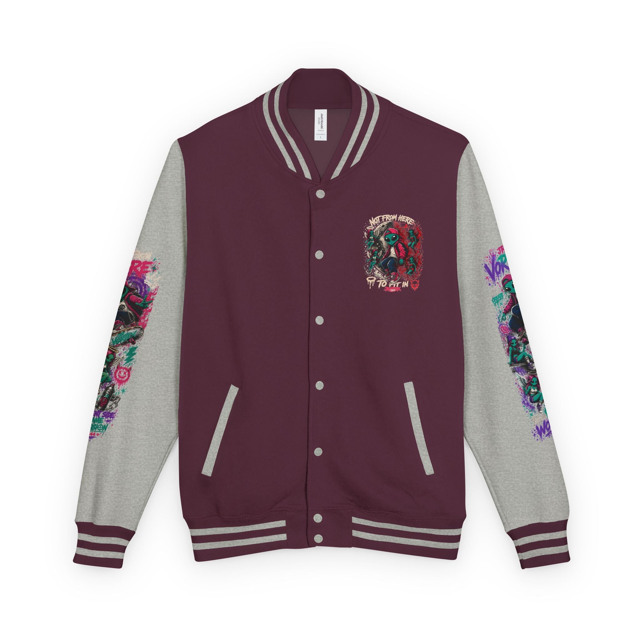 Letterman Jacket — Neon Alien Skull Graphic Varsity Jacket