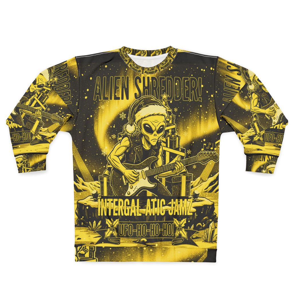 Alien Shredder Sweatshirt — Holiday Rocking UFO Guitar Graphic