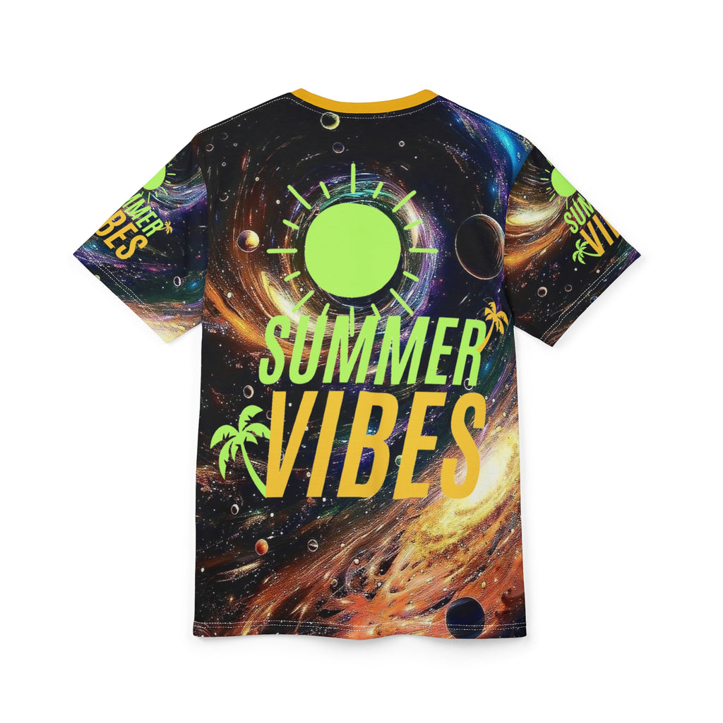 Cosmic Eclipse Summer Vibes T-Shirt, Galaxy Sun AOP Graphic Tee, Space Vacation Streetwear