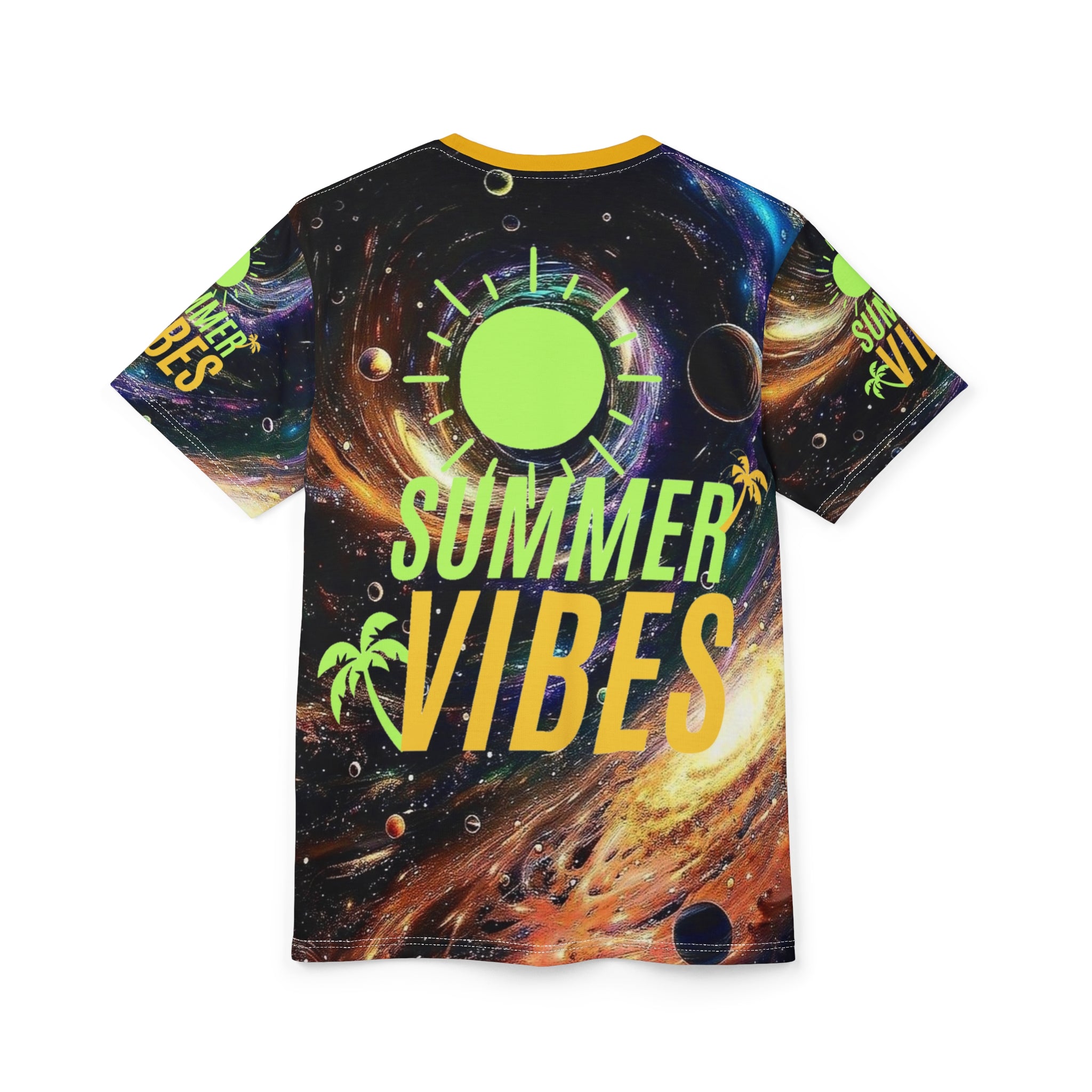Cosmic Eclipse Summer Vibes T-Shirt, Galaxy Sun AOP Graphic Tee, Space Vacation Streetwear