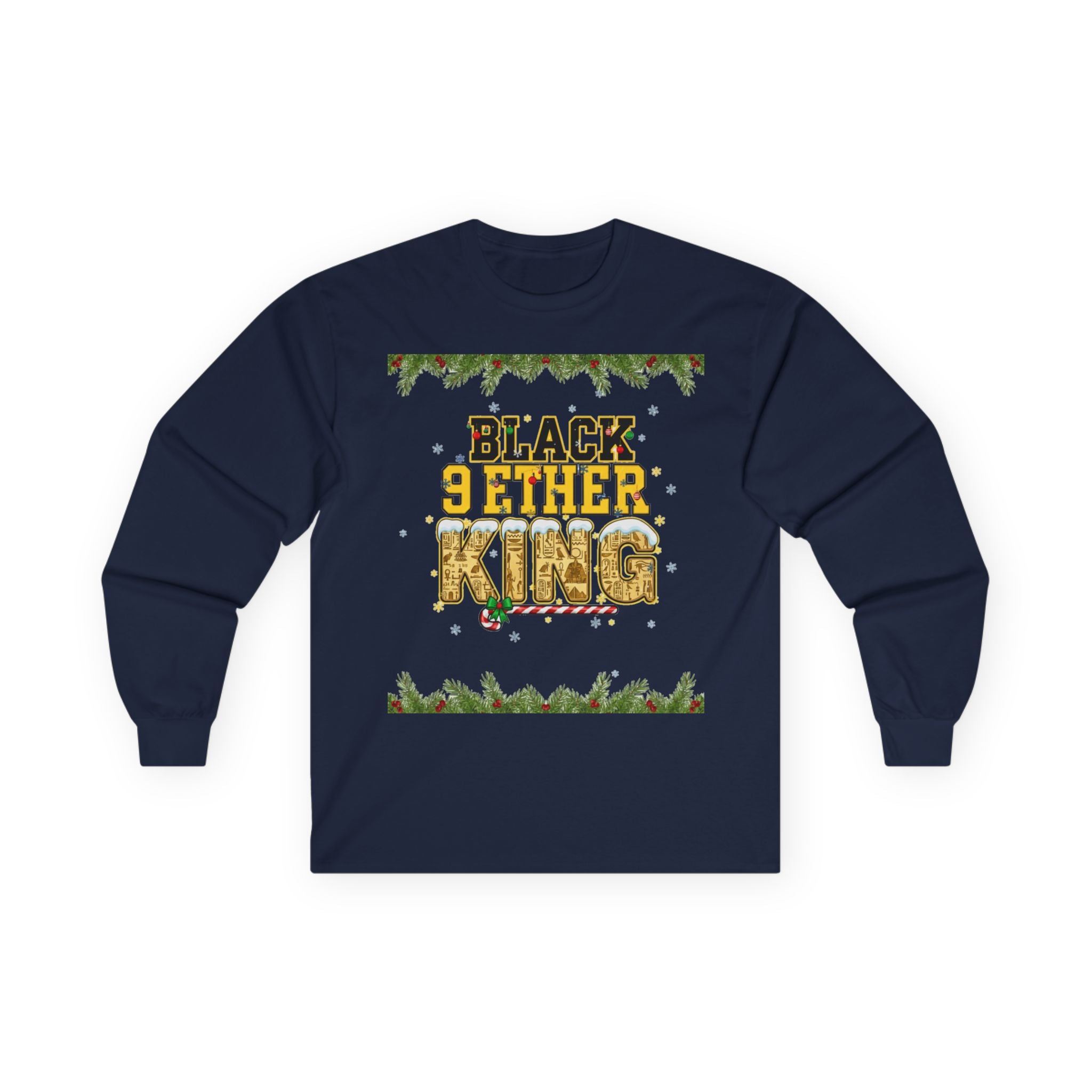 Long Sleeve Tee — "Black 9ether King" Holiday Graphic with Pine Garland