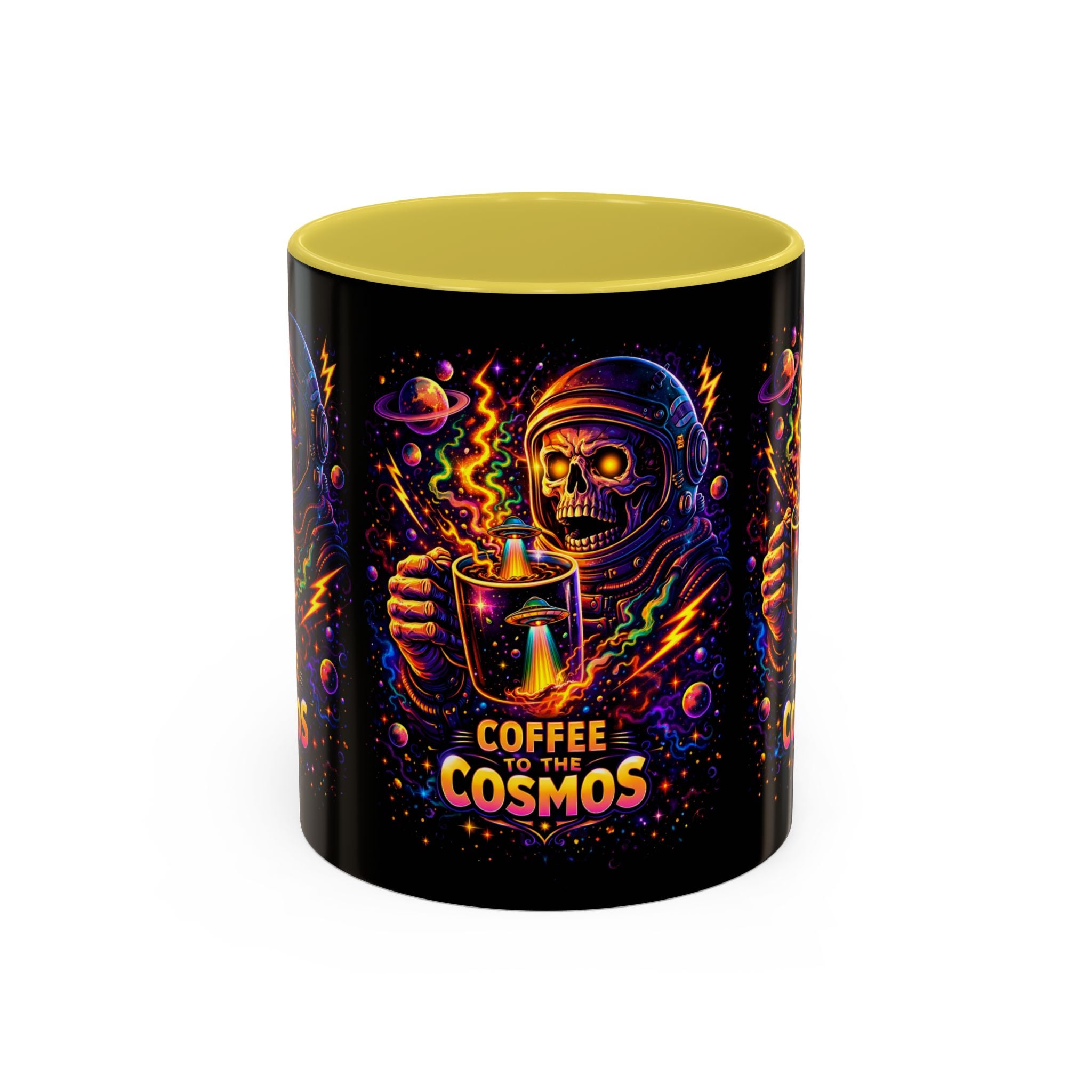 Coffee to the Cosmos Mug — Neon Space Skull Coffee Mug (11oz/15oz) Printify