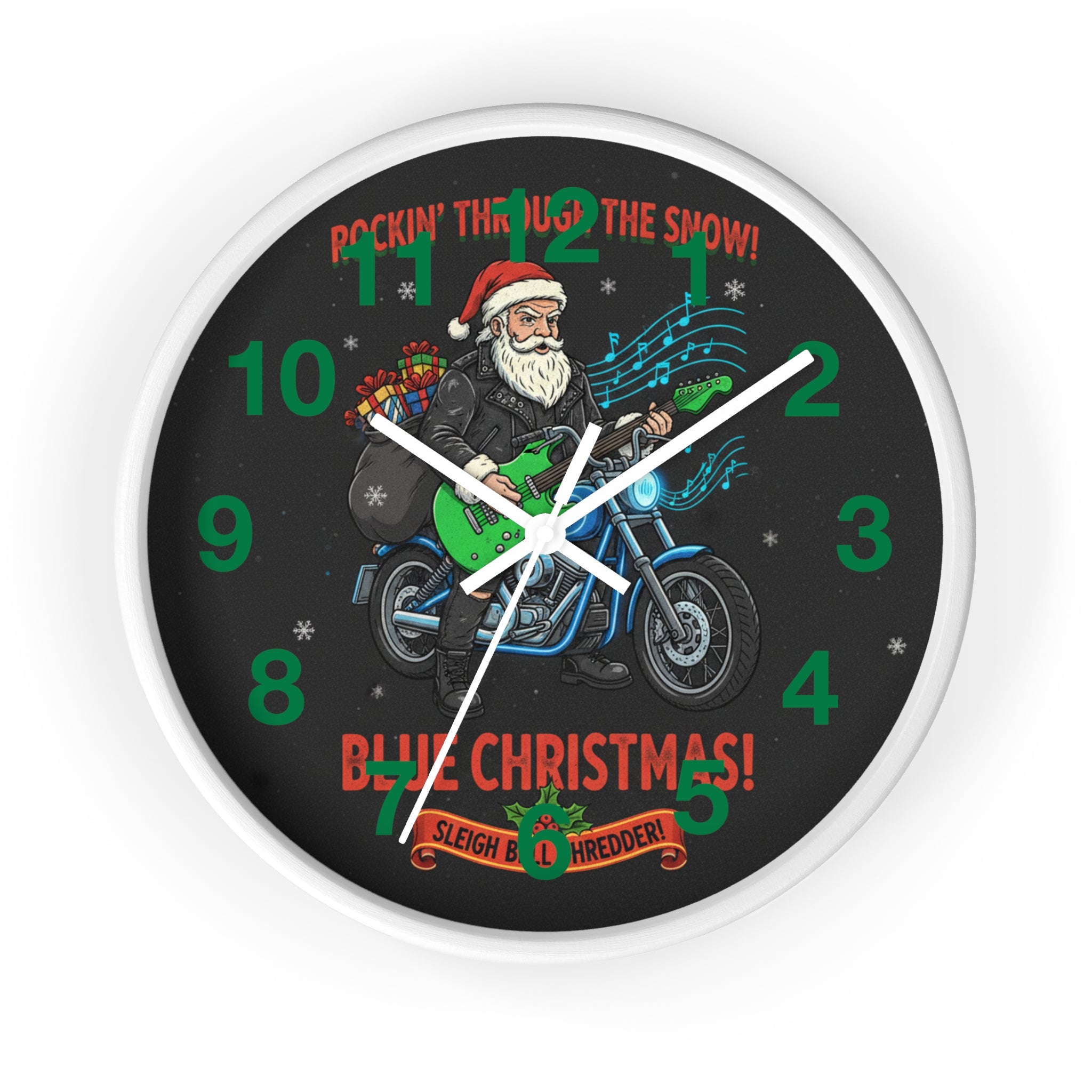 Blue Christmas Motorcycle Santa Wall Clock — Rockin' Through the Snow Holiday Decor