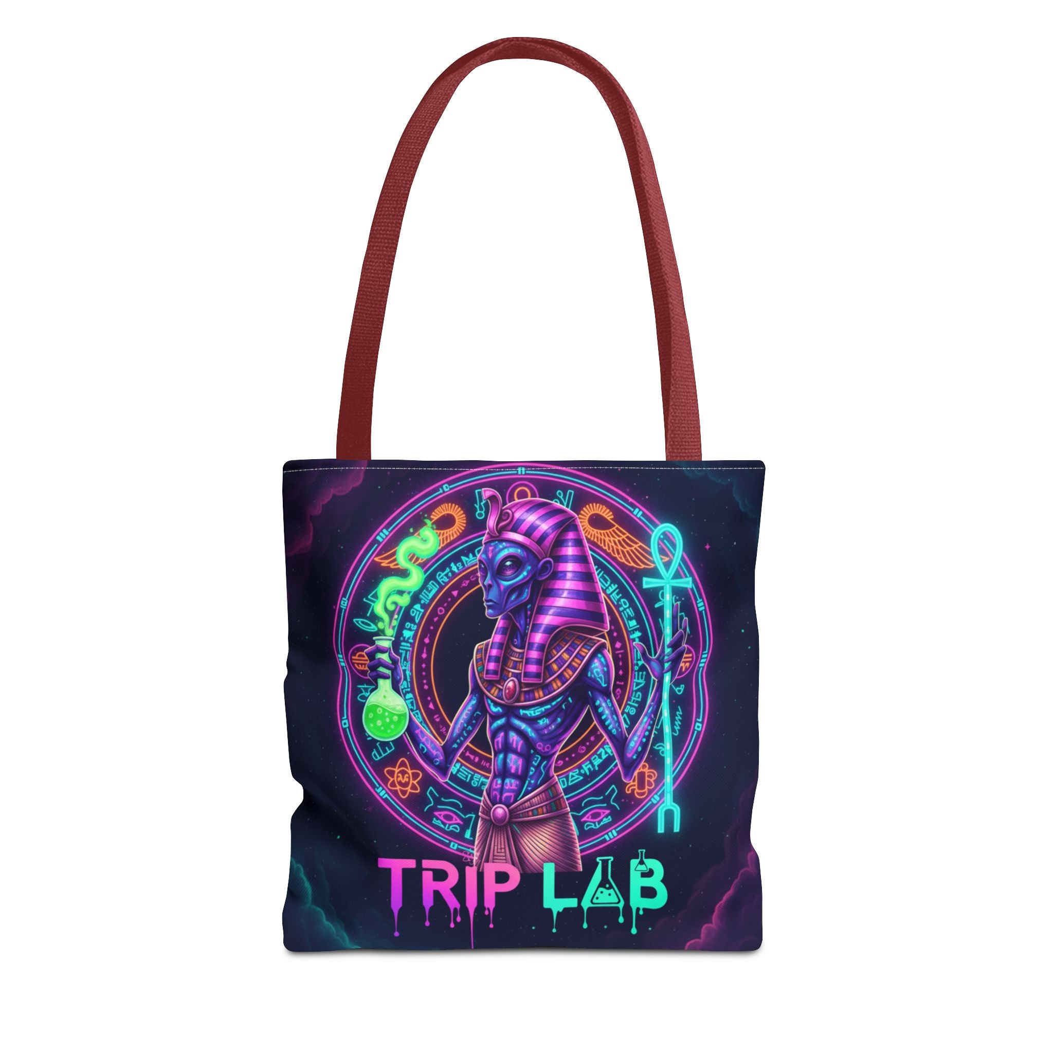 Psychedelic Trip Lab Tote Bag — Neon Ancient-Egypt Anubis All-Over Print