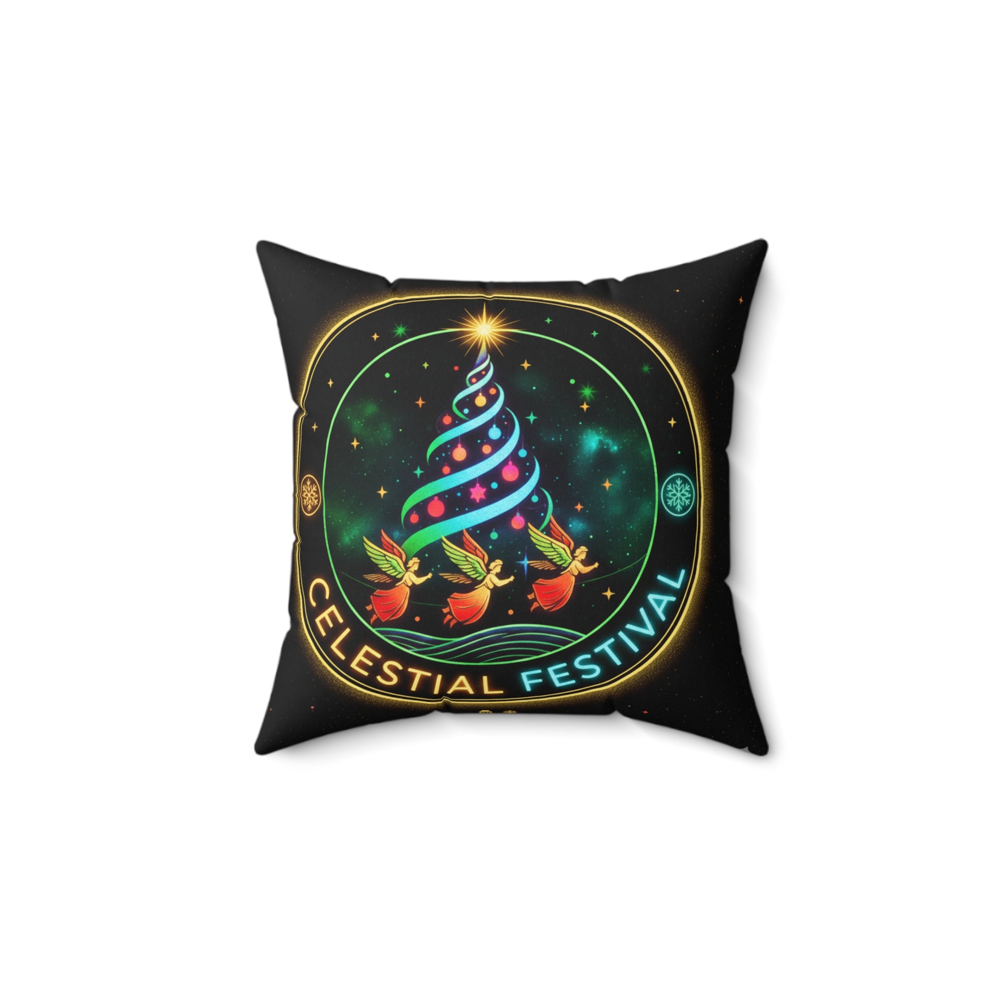 Celestial Festival Throw Pillow — Holiday Tree & Doves Decorative Cushion