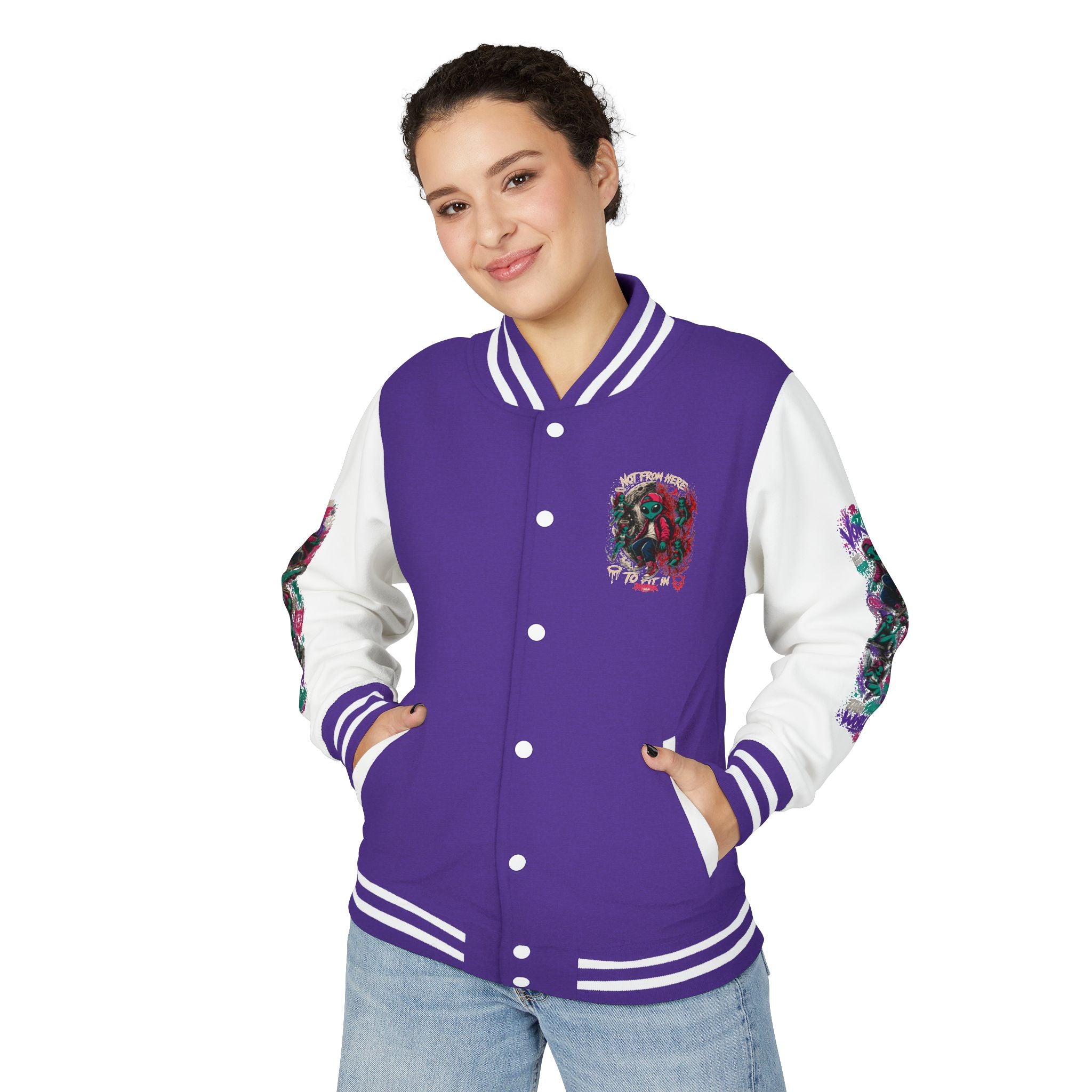 Letterman Jacket — Neon Alien Skull Graphic Varsity Jacket