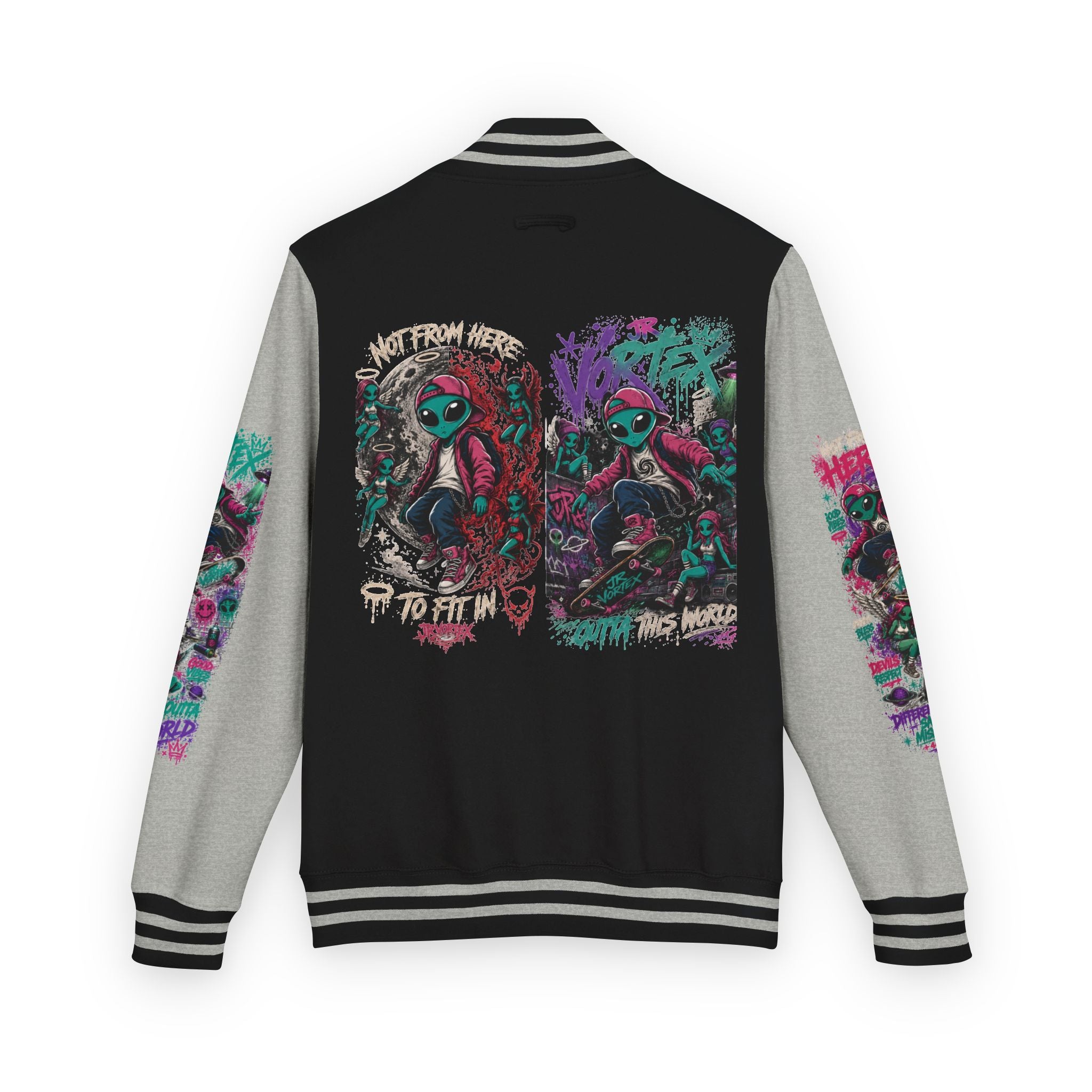Letterman Jacket — Neon Alien Skull Graphic Varsity Jacket