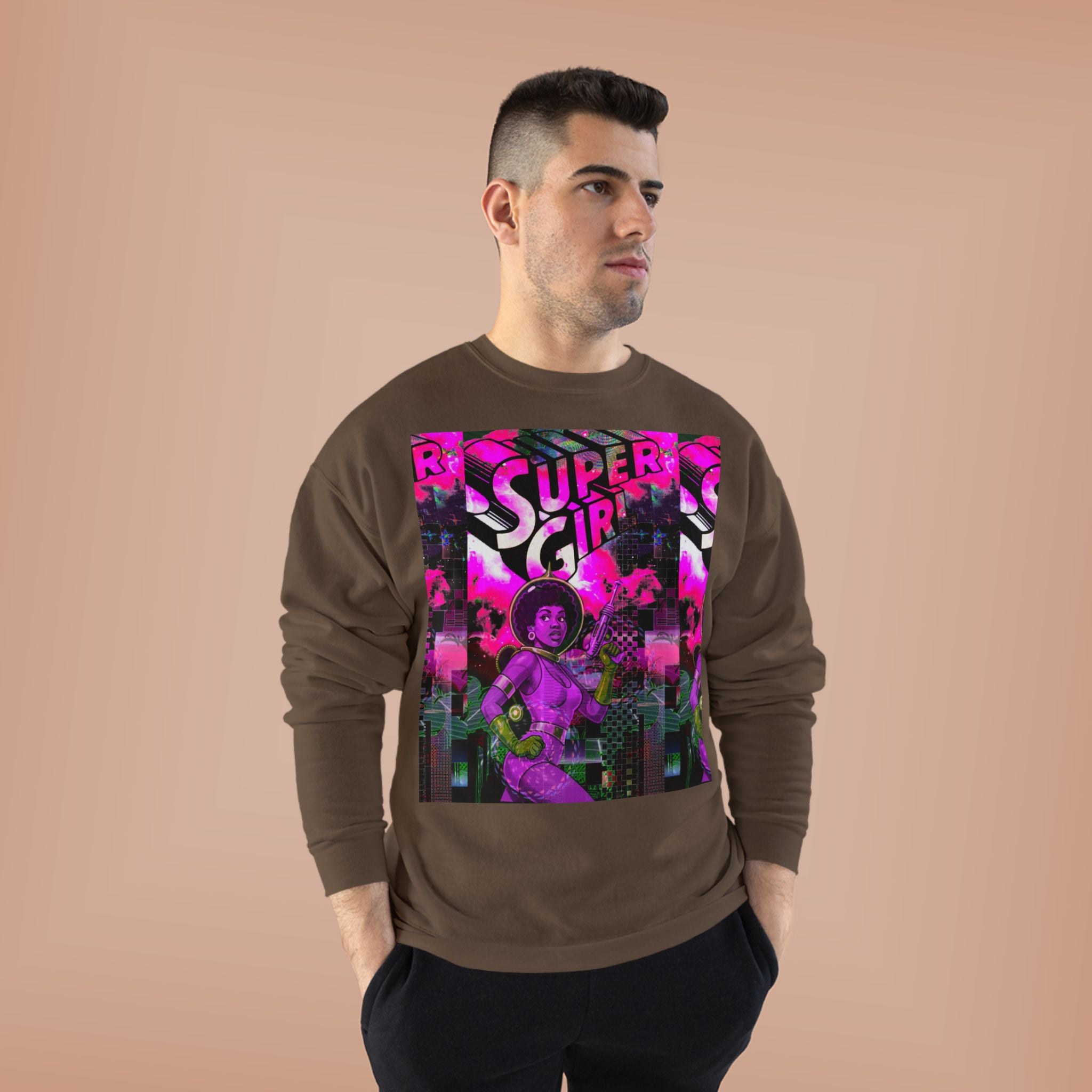 Super Girl Crewneck Sweatshirt — Retro Neon Comic Graphic