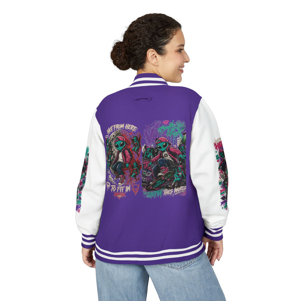 Letterman Jacket — Neon Alien Skull Graphic Varsity Jacket