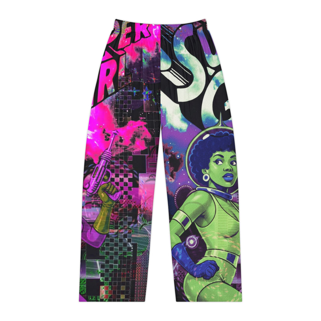 Retro Futuristic 'Super Girl' Women's Pajama Pants — Neon Afro Space Lounge Trousers
