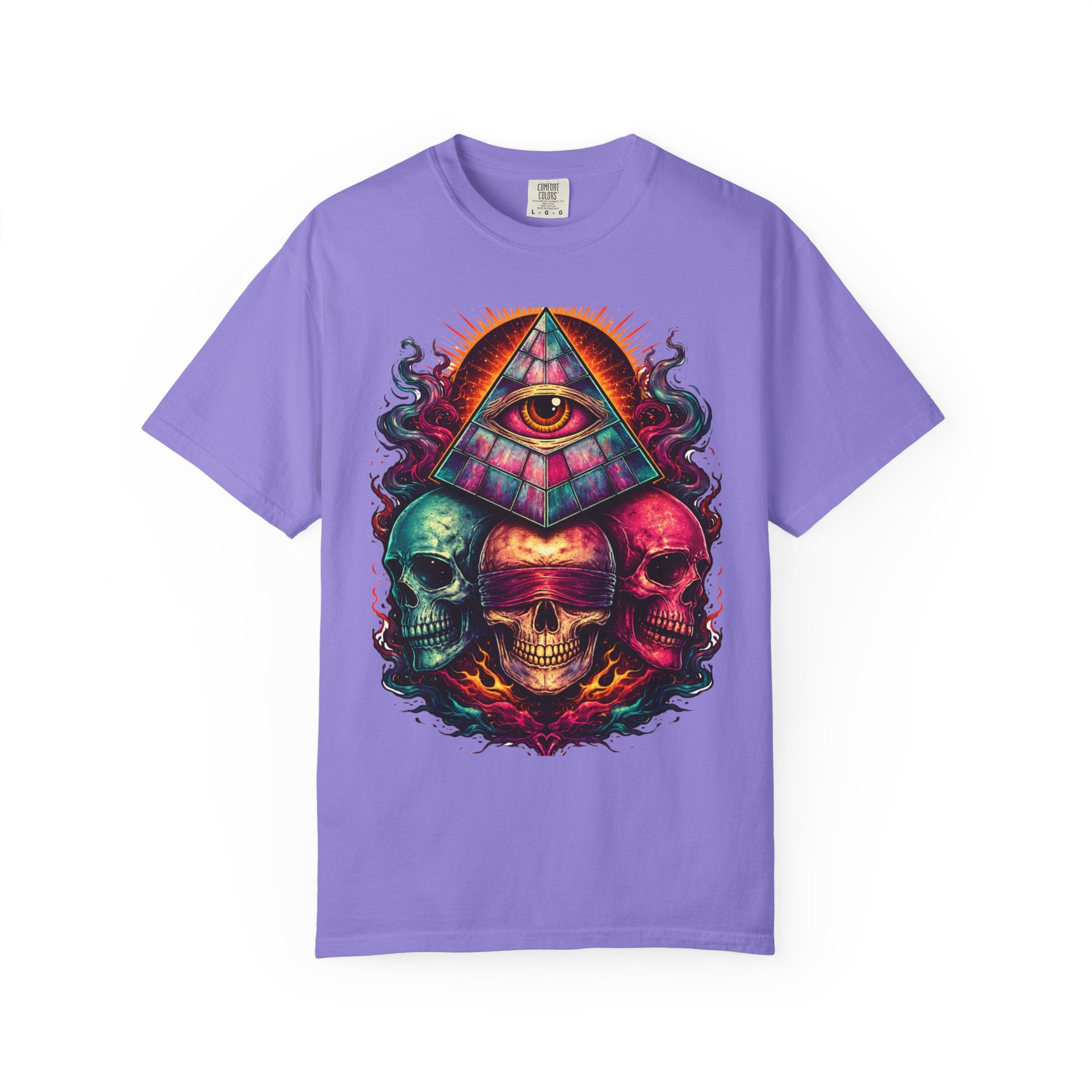 T-Shirt — Psychedelic All-Seeing Eye & Triple Skulls Graphic.       💀 i got make tags for for this Printify