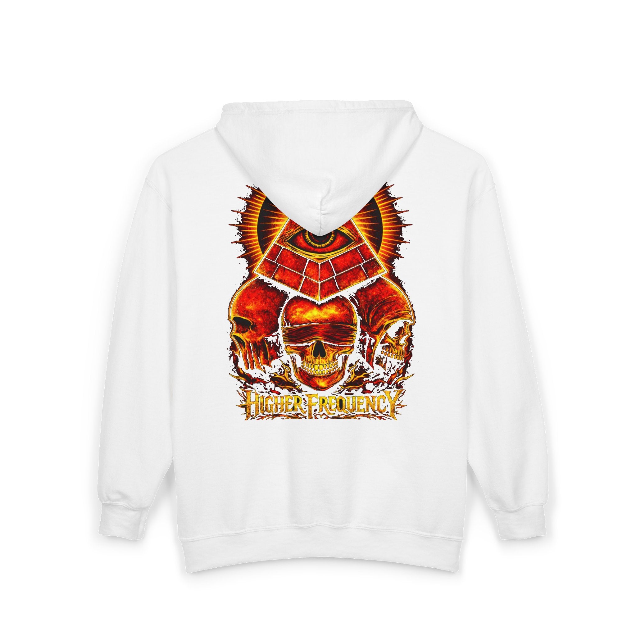 Illuminated Skull Zip Hoodie — All-Seeing Eye Graphic Back Printify