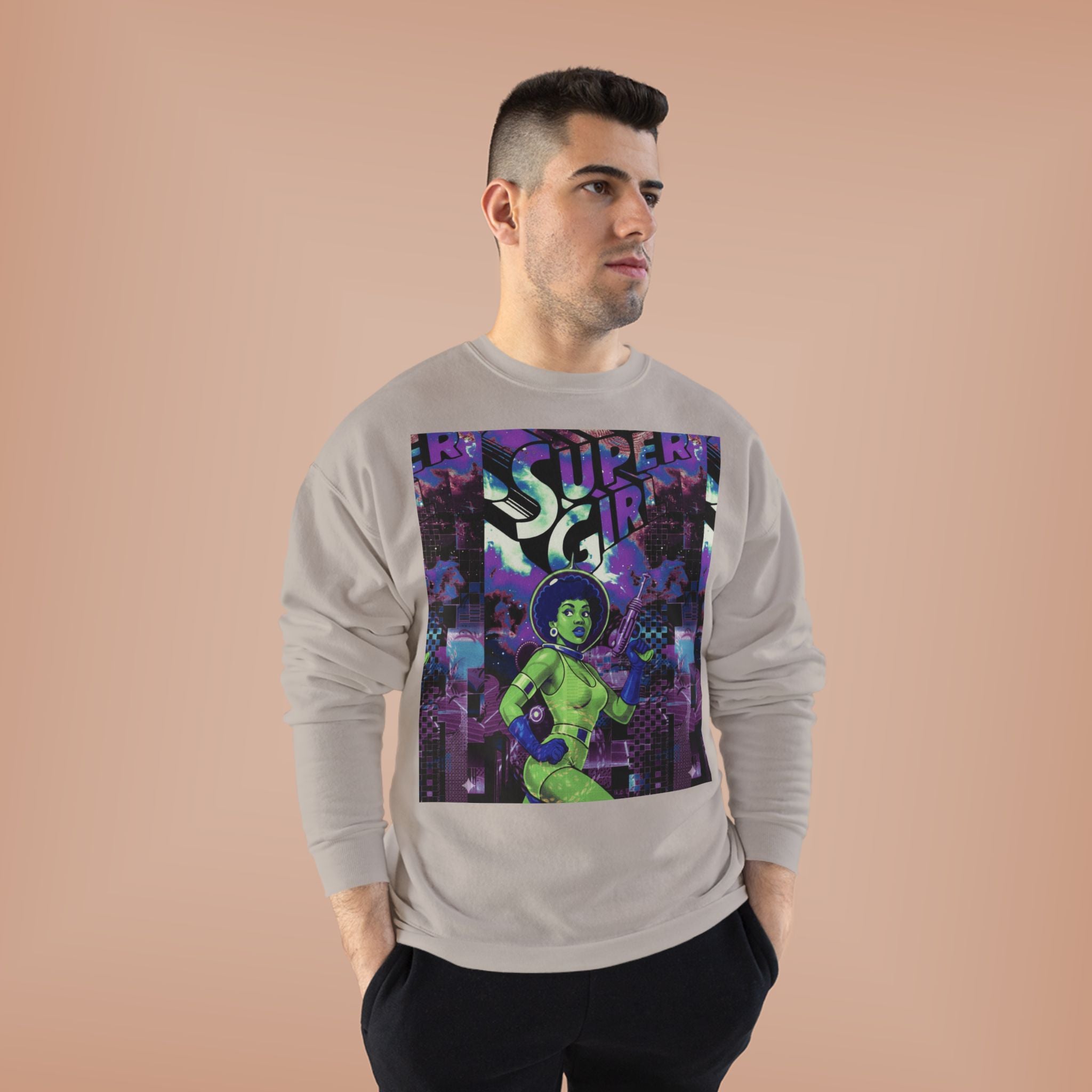Retro Sci‑Fi 'Supergirl' Graphic Sweatshirt — Neon Space Comic Crewneck