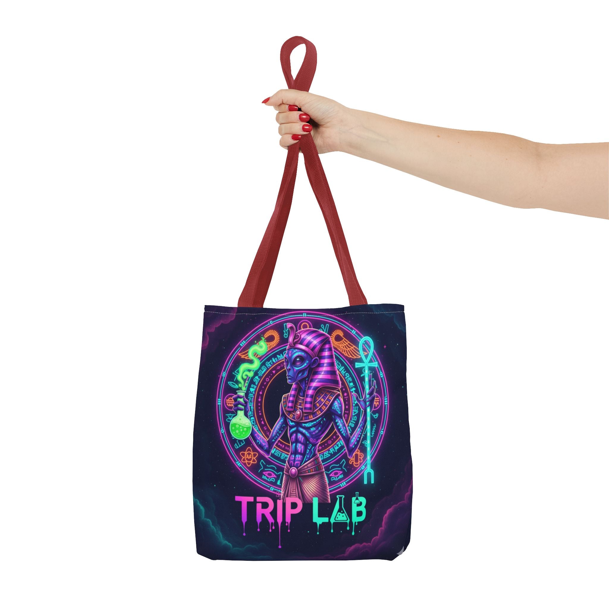 Psychedelic Trip Lab Tote Bag — Neon Ancient-Egypt Anubis All-Over Print