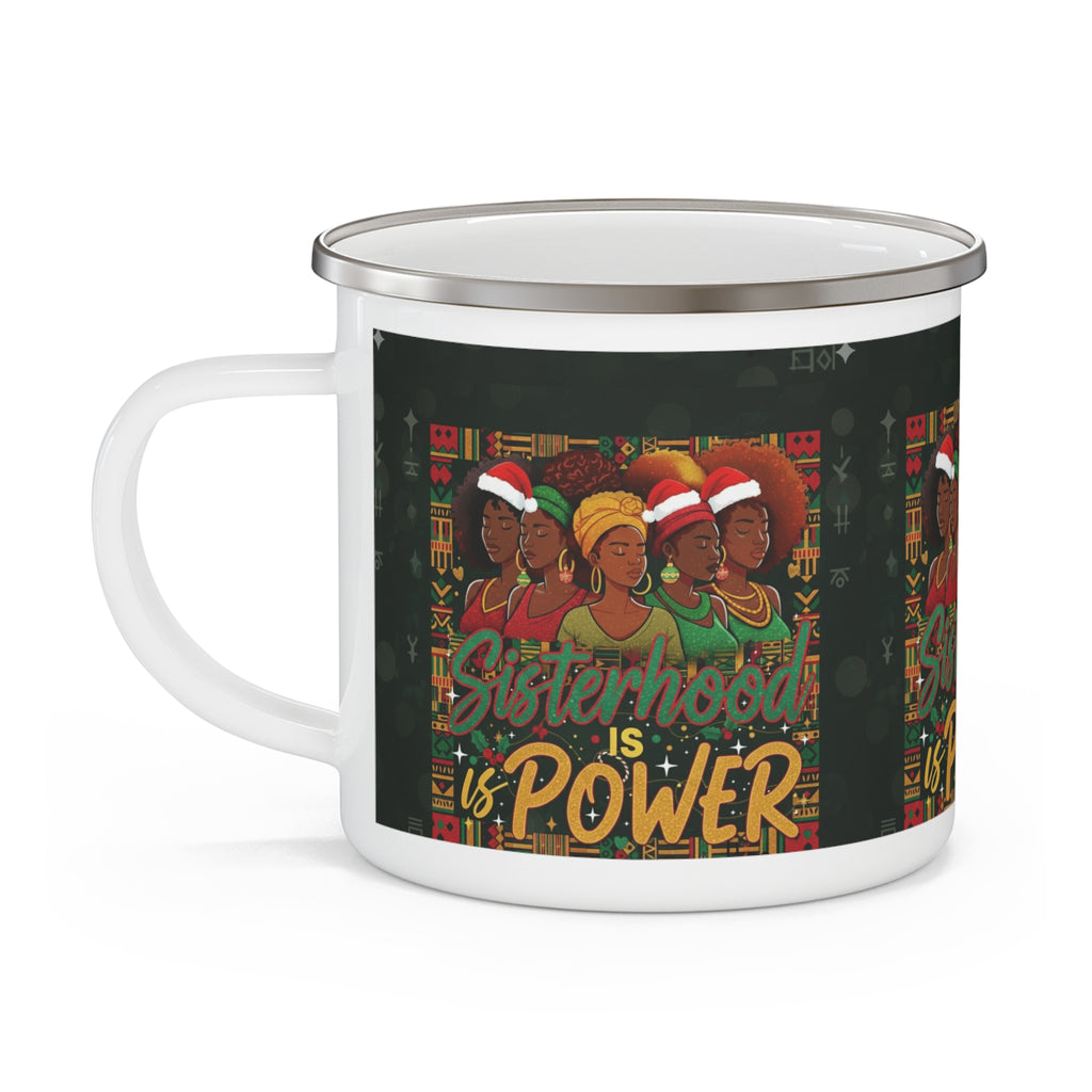 Sisterhood Is Power Enamel Camping Mug — Floral Afrocentric Holiday Coffee Cup