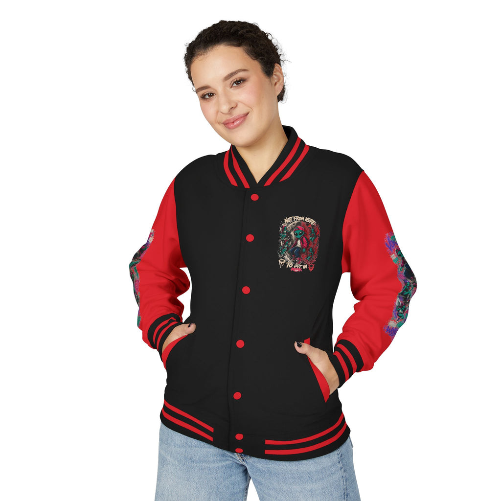 Letterman Jacket — Neon Alien Skull Graphic Varsity Jacket