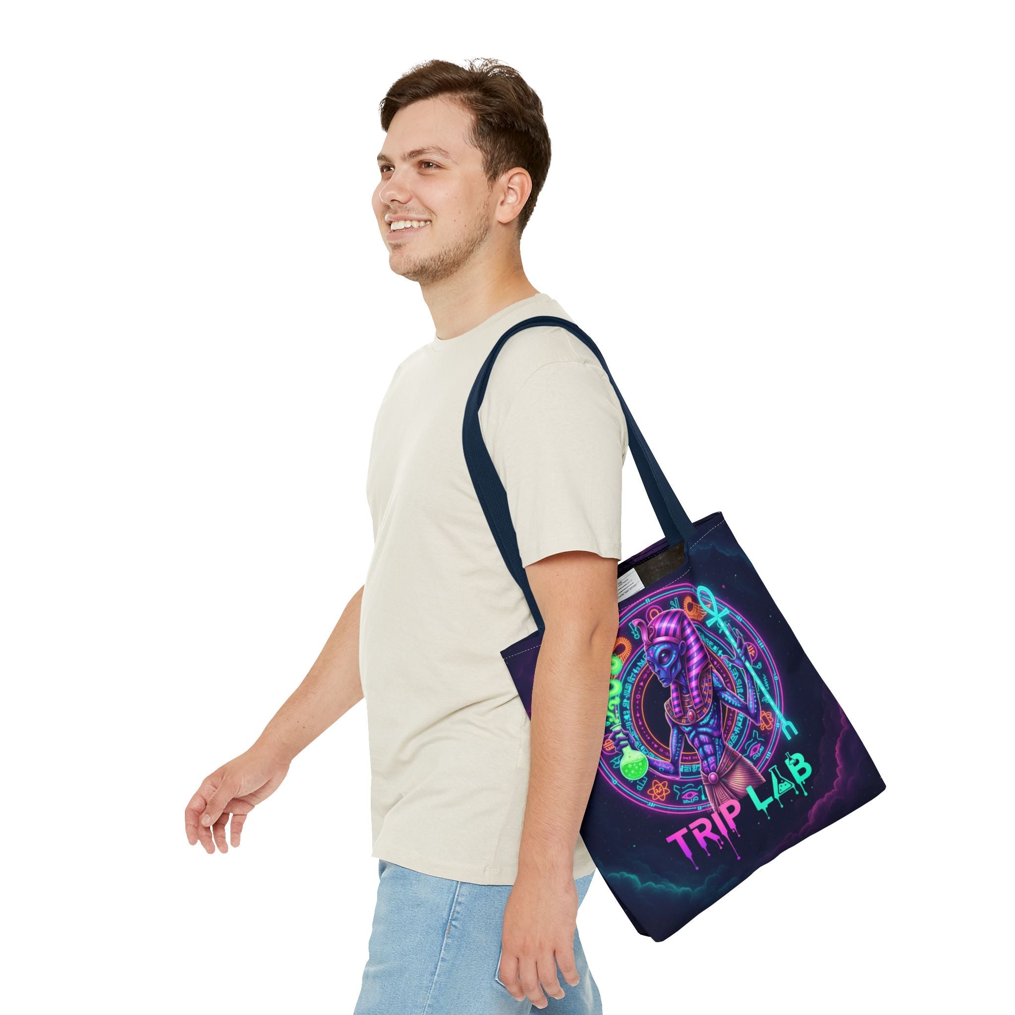Psychedelic Trip Lab Tote Bag — Neon Ancient-Egypt Anubis All-Over Print