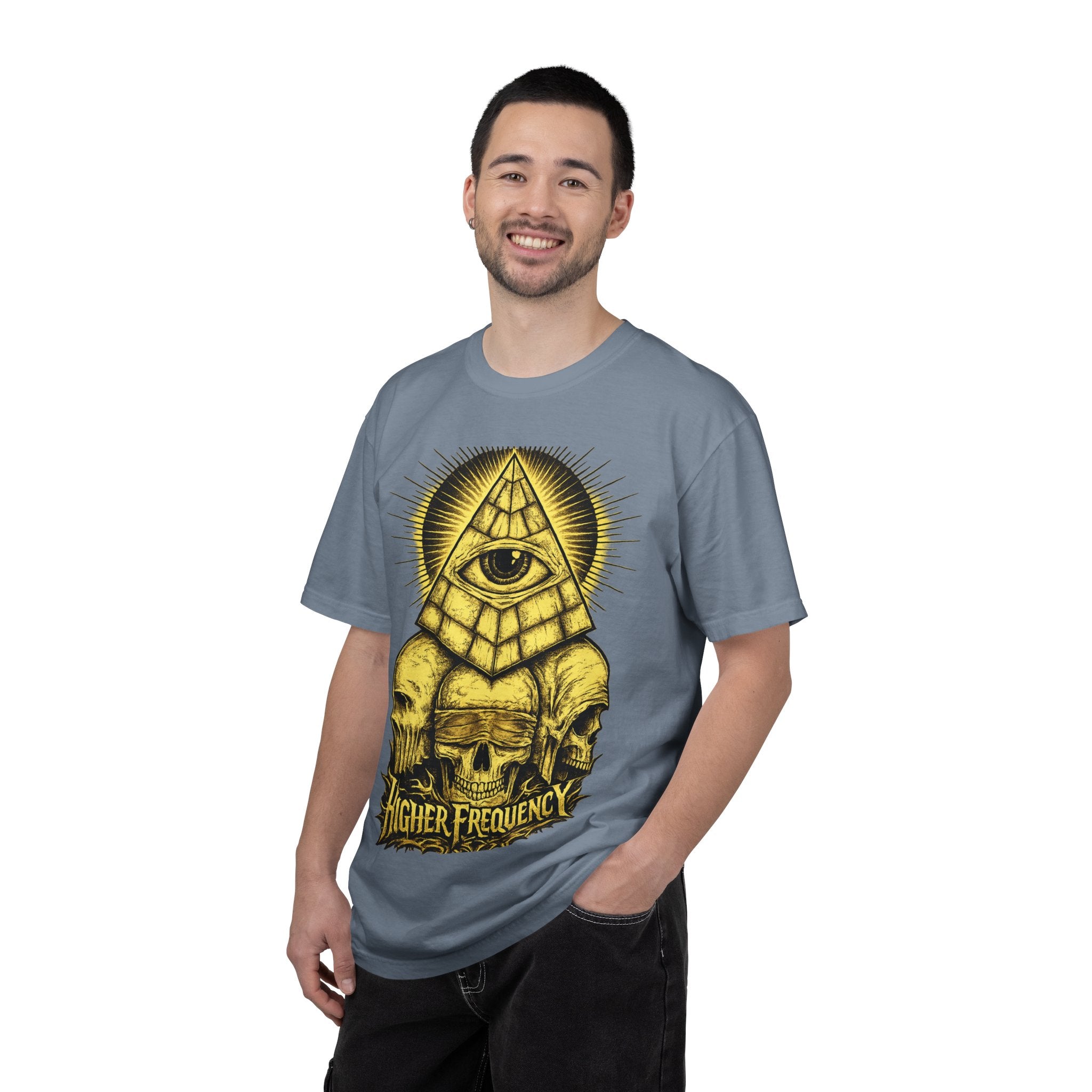 Higher Frequency Pyramid Eye T-Shirt — Occult Skull Graphic Tee Printify
