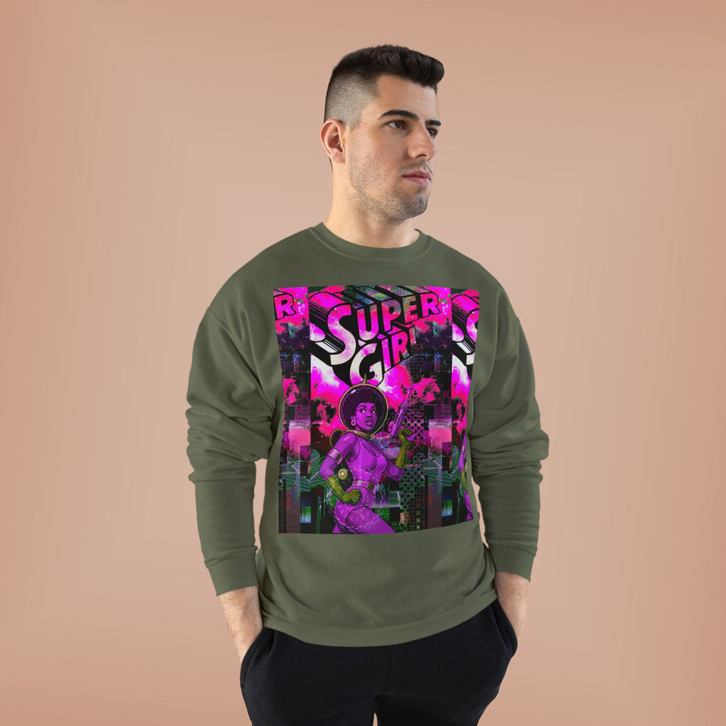 Super Girl Crewneck Sweatshirt — Retro Neon Comic Graphic