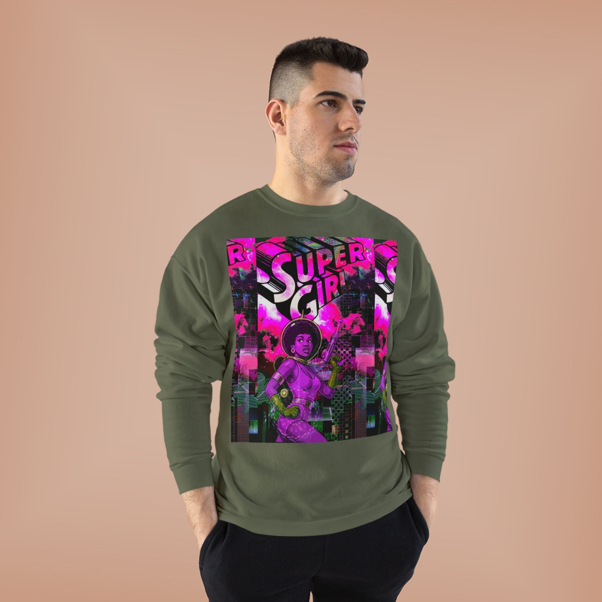 Super Girl Crewneck Sweatshirt — Retro Neon Comic Graphic