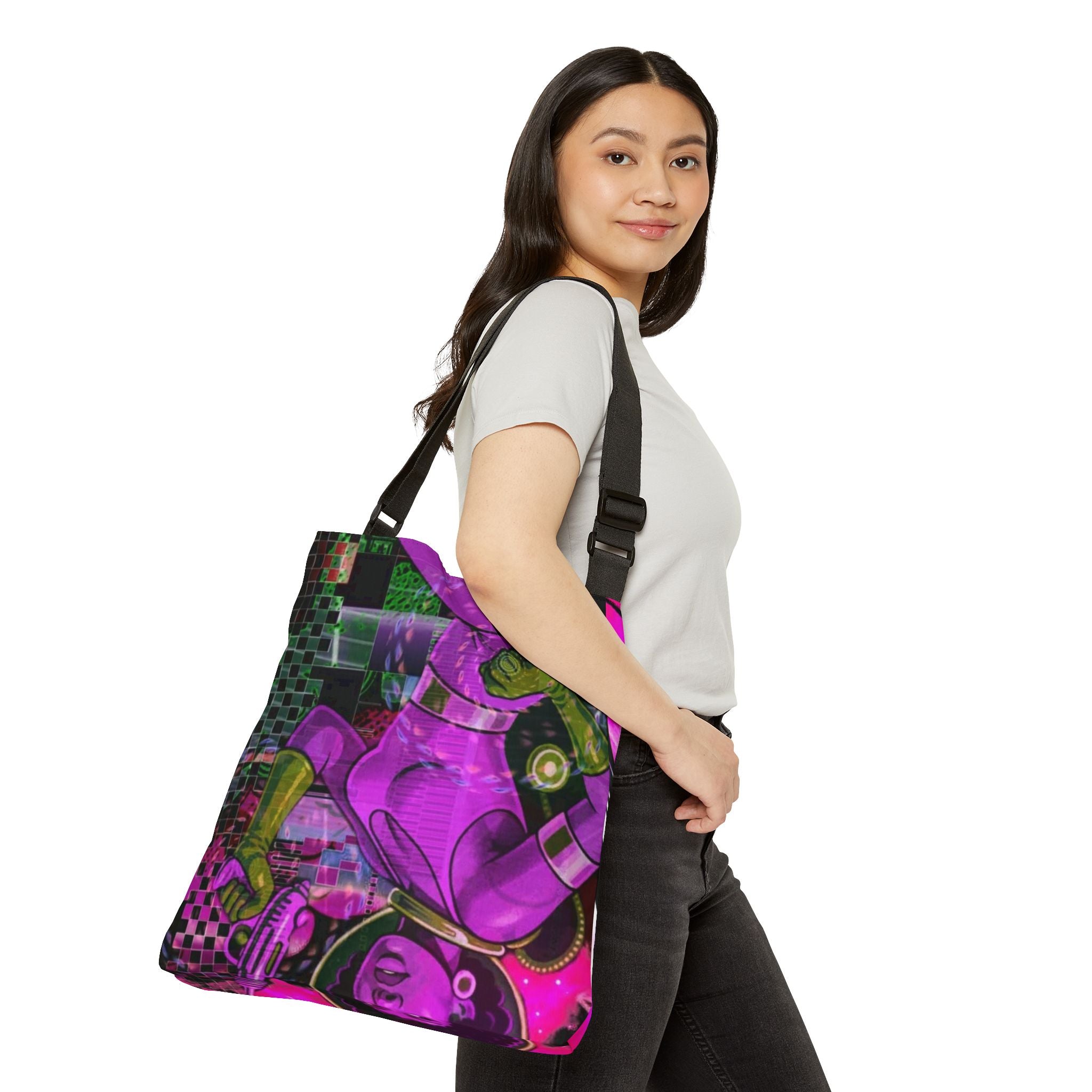 Supergirl Neon Graphic Tote Bag — Adjustable Pink Comic-Style Shoulder Tote