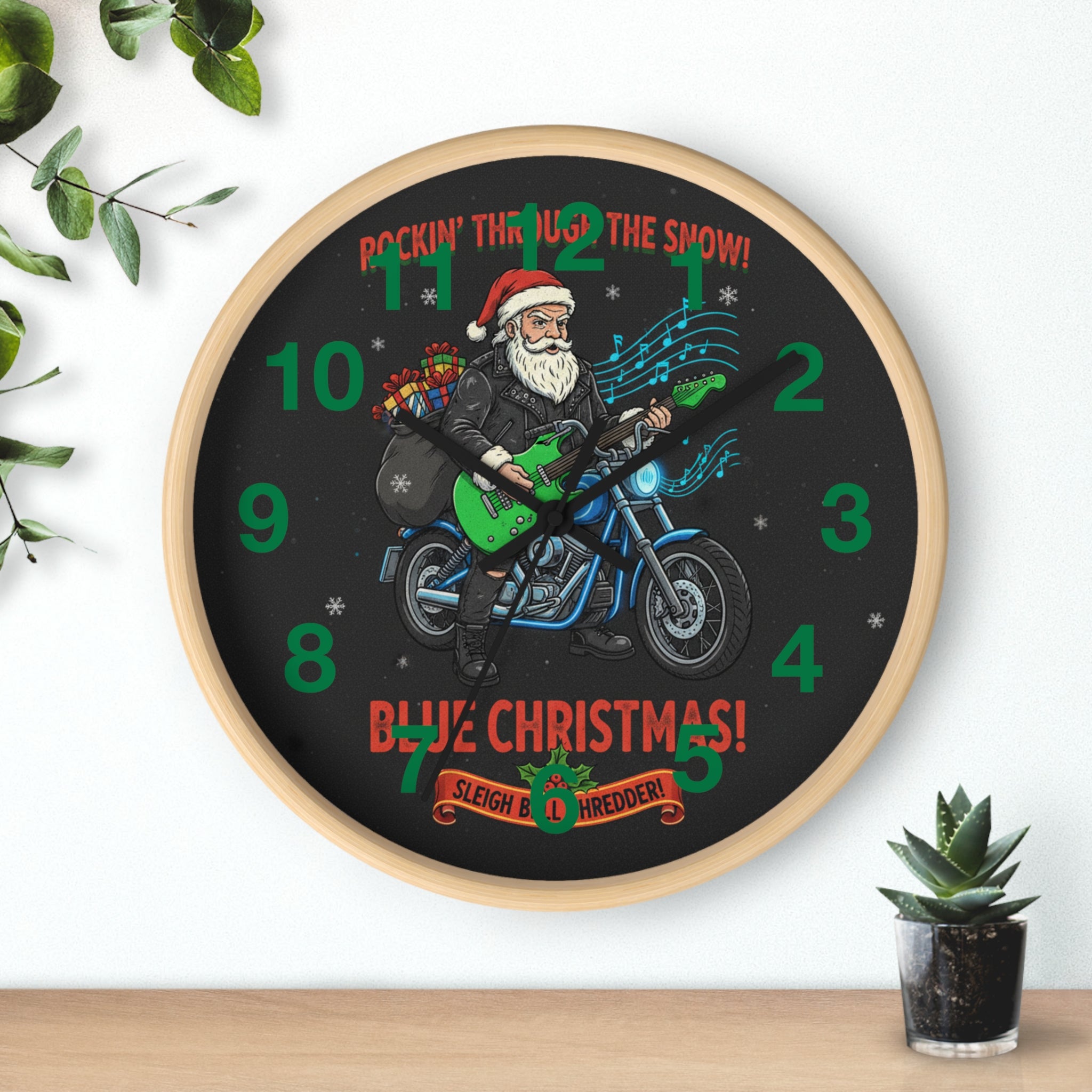 Blue Christmas Motorcycle Santa Wall Clock — Rockin' Through the Snow Holiday Decor