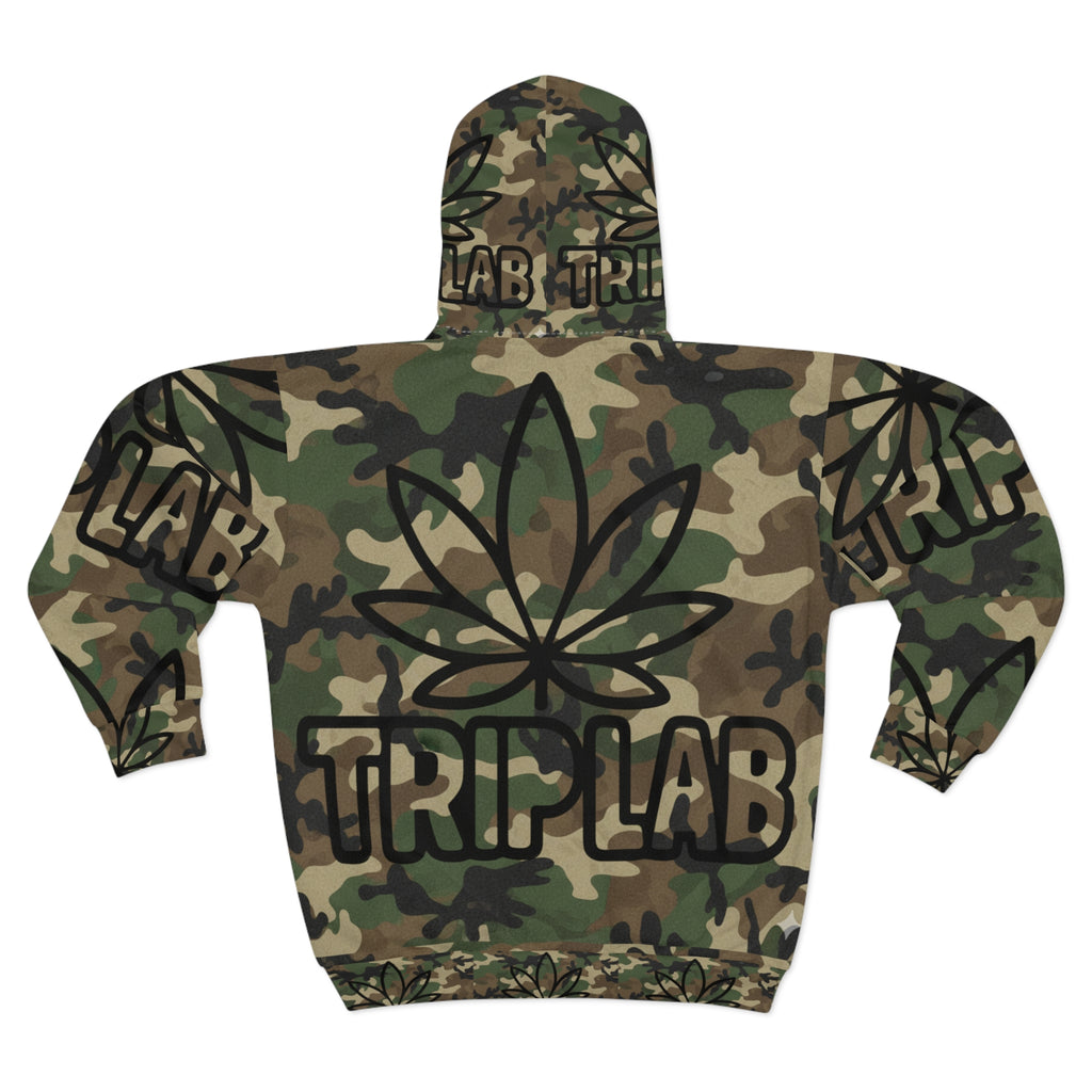 Camo 'TRIP LAB' Zip Hoodie with Leaf Graphic