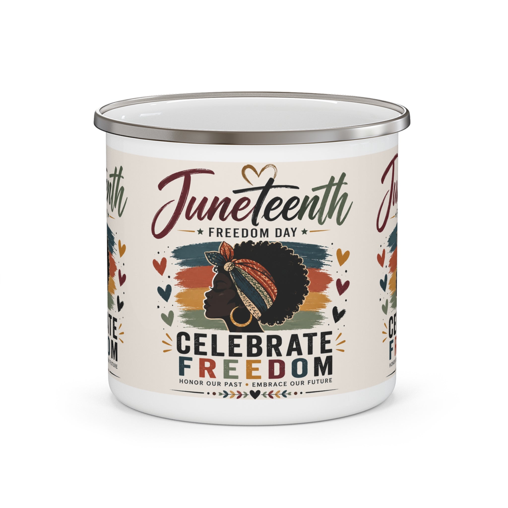 Juneteenth Enamel Camping Mug — "Celebrate Freedom" Retro Afro Pride Design