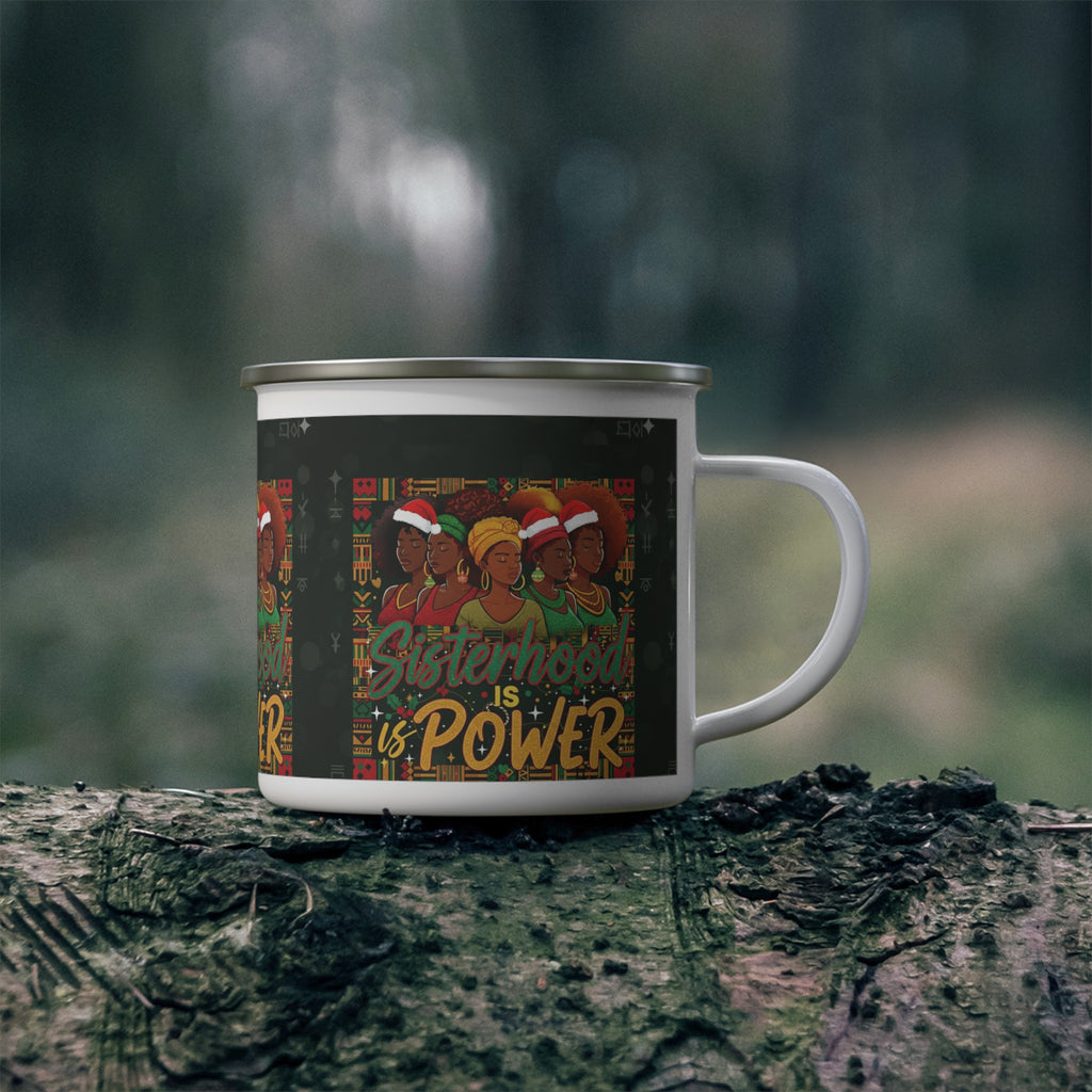 Sisterhood Is Power Enamel Camping Mug — Floral Afrocentric Holiday Coffee Cup