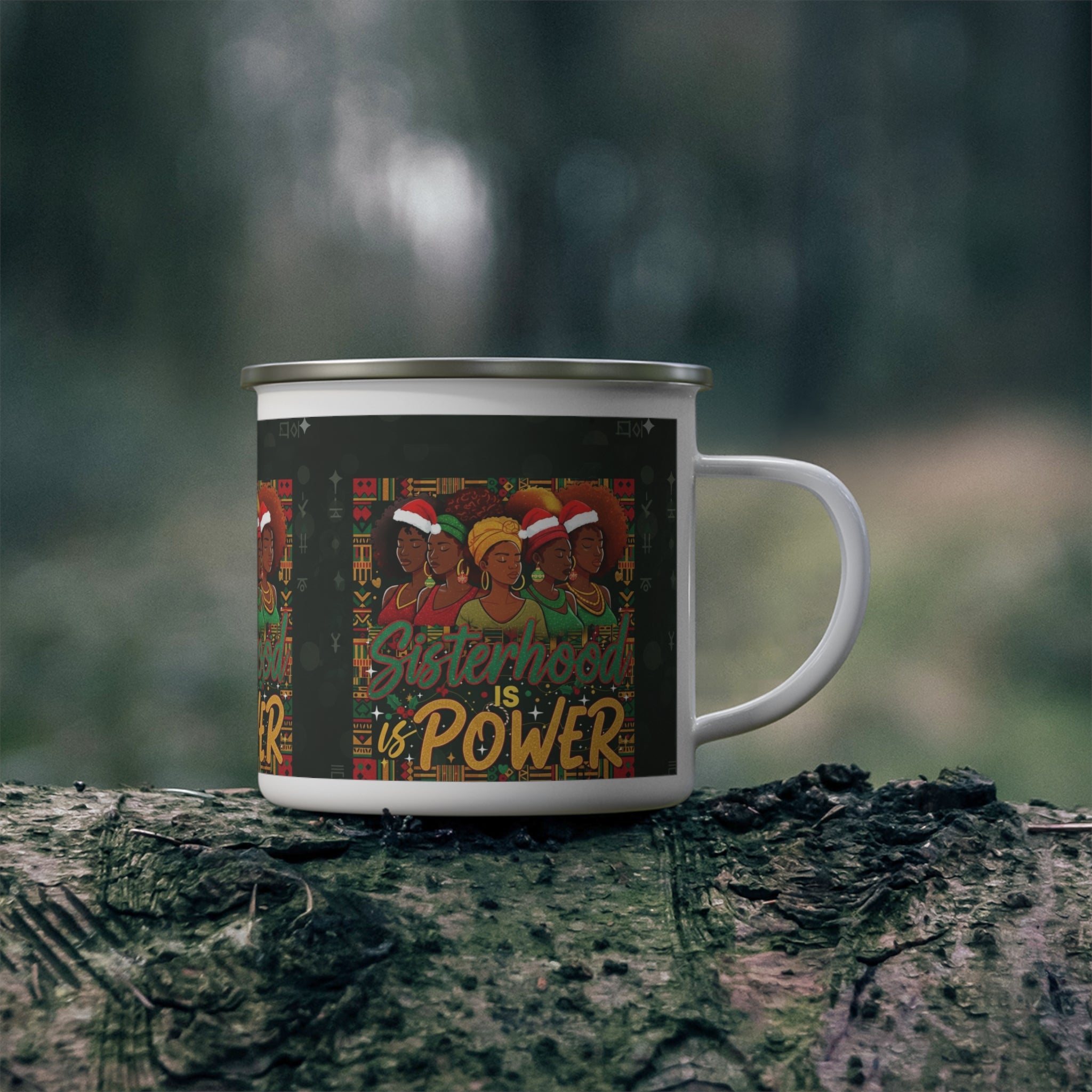 Sisterhood Is Power Enamel Camping Mug — Floral Afrocentric Holiday Coffee Cup