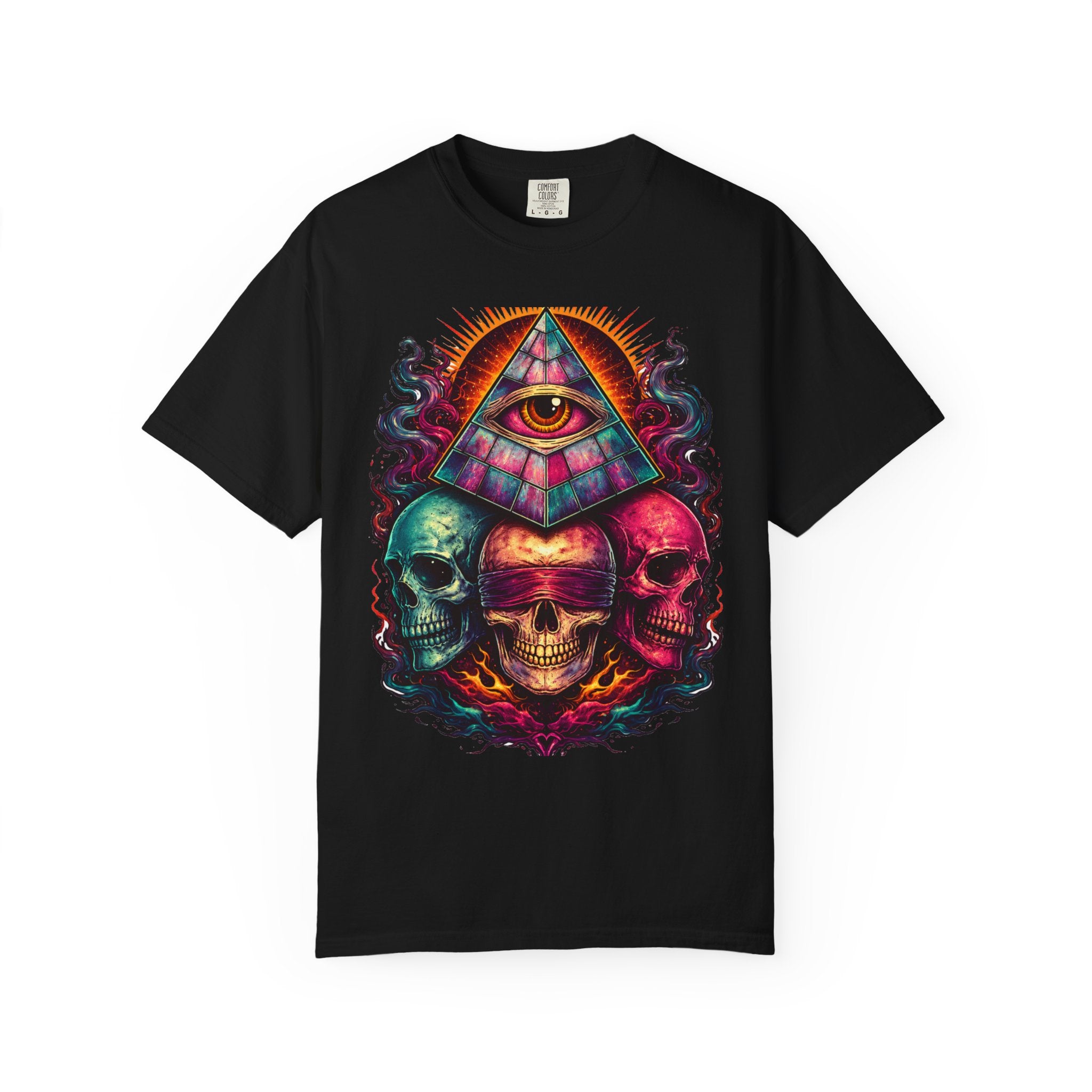 T-Shirt — Psychedelic All-Seeing Eye & Triple Skulls Graphic.       💀 i got make tags for for this Printify