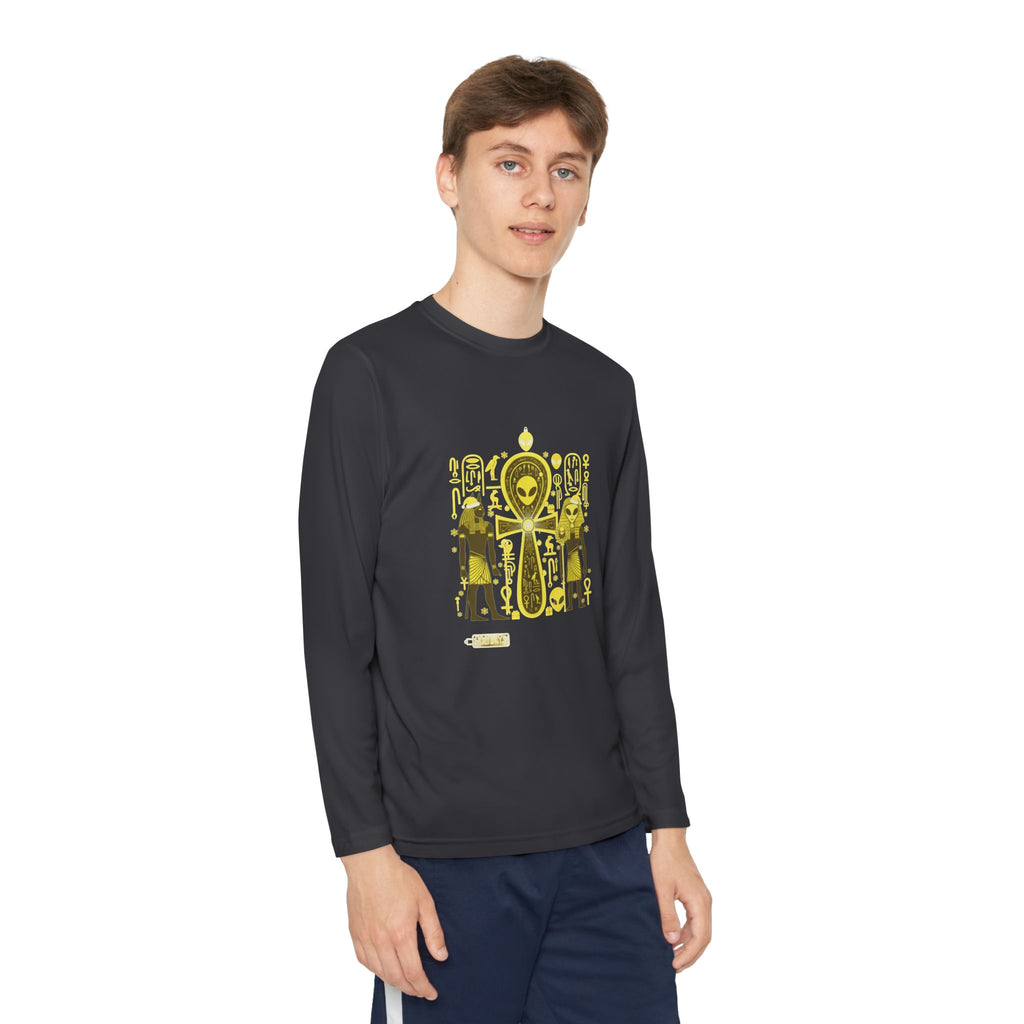 Youth Long Sleeve Tee — Yellow Alien Pharaoh Graphic