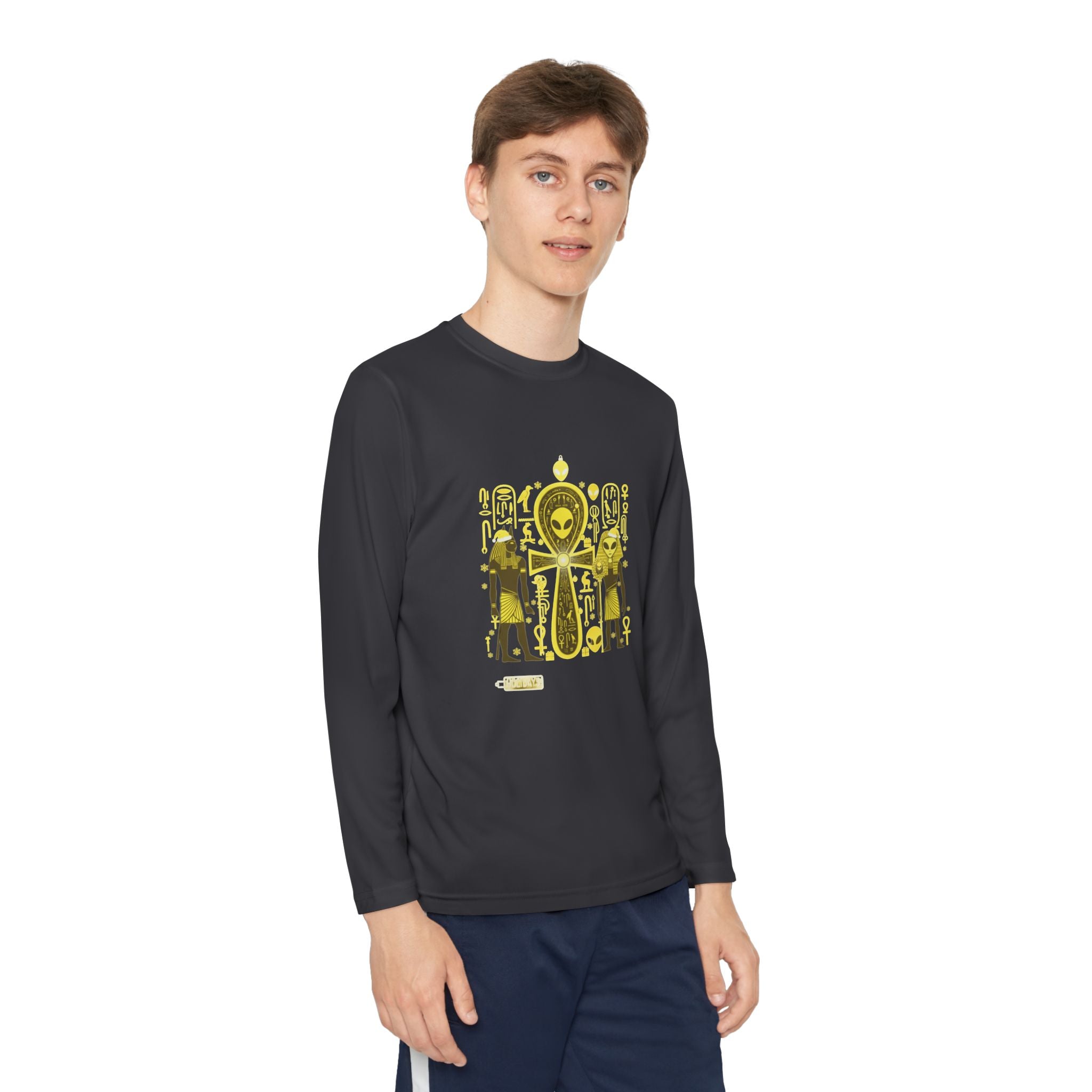 Youth Long Sleeve Tee — Yellow Alien Pharaoh Graphic