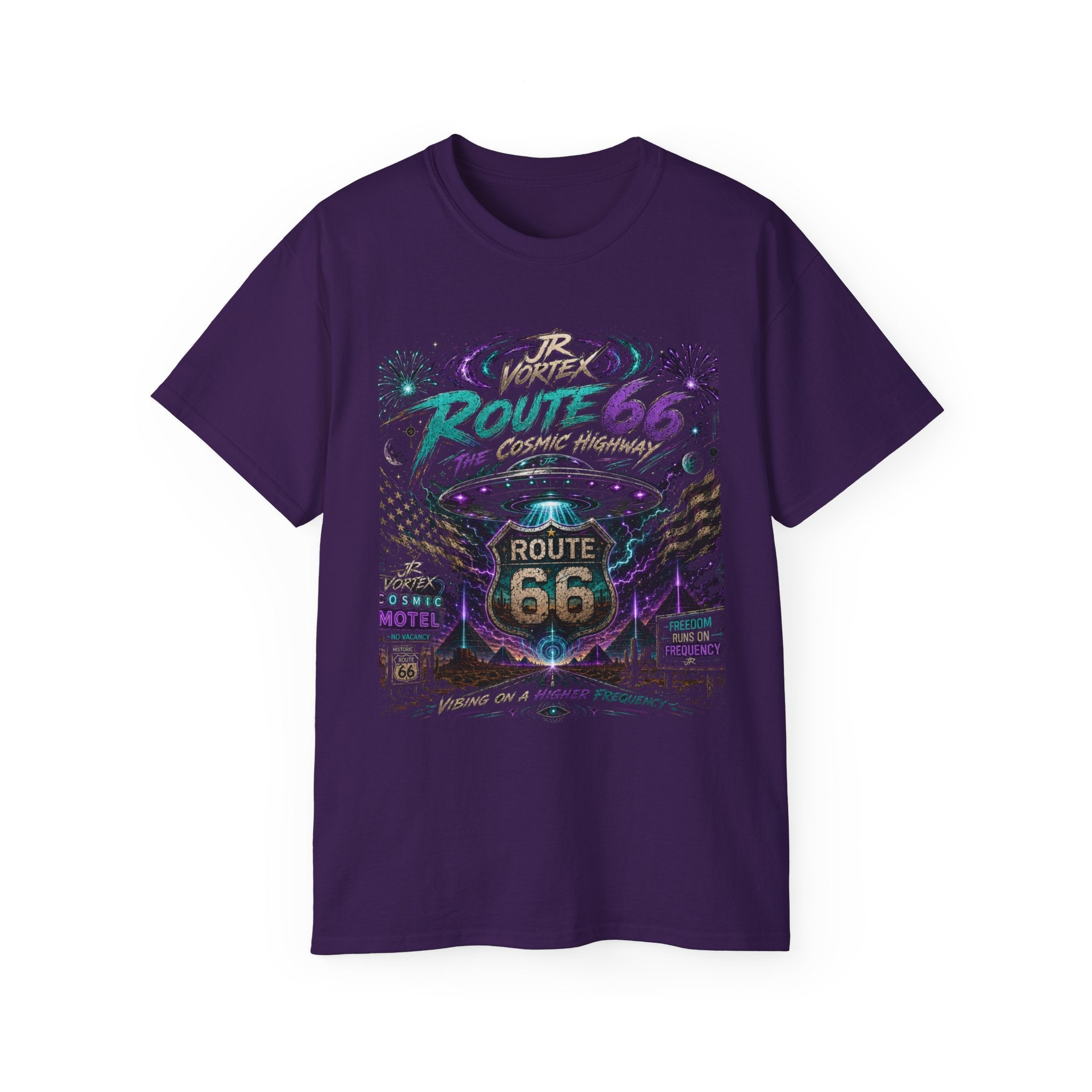 Route 66 Cosmic Highway Tee – JR Vortex UFO Neon Graphic T-Shirt
