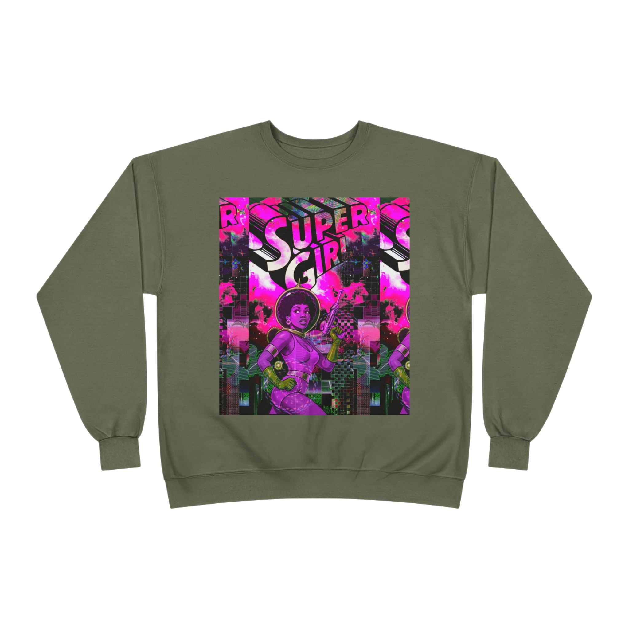 Super Girl Crewneck Sweatshirt — Retro Neon Comic Graphic