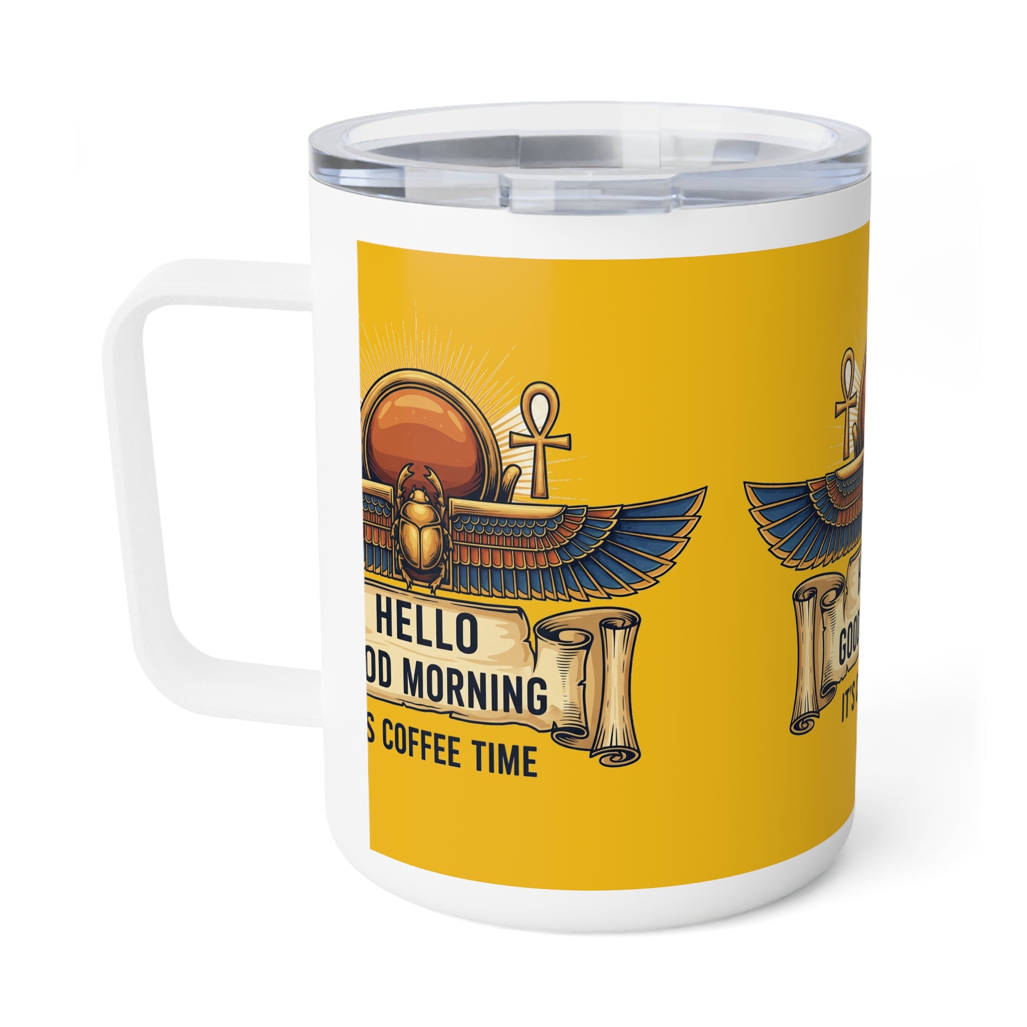 Egyptian Scarab 10oz Insulated Coffee Mug — “Hello Good Morning, It’s Coffee Time”