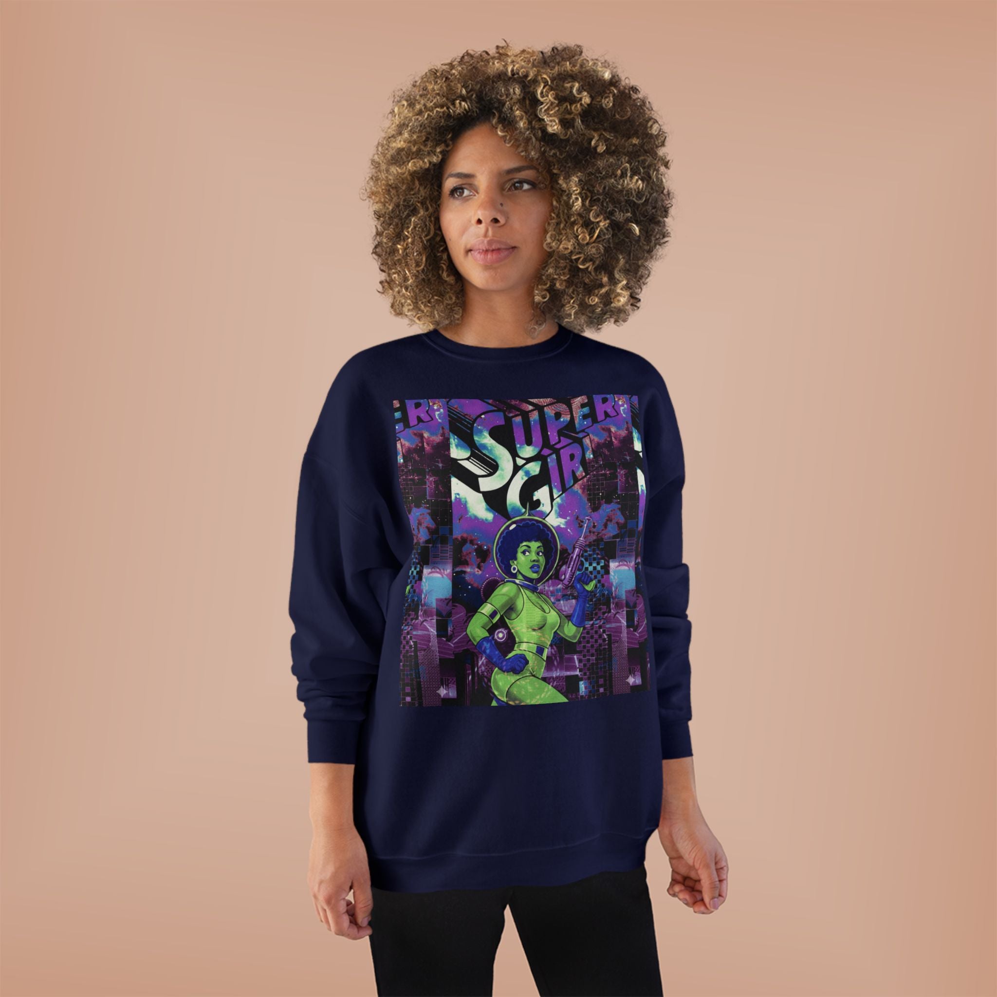 Retro Sci‑Fi 'Supergirl' Graphic Sweatshirt — Neon Space Comic Crewneck