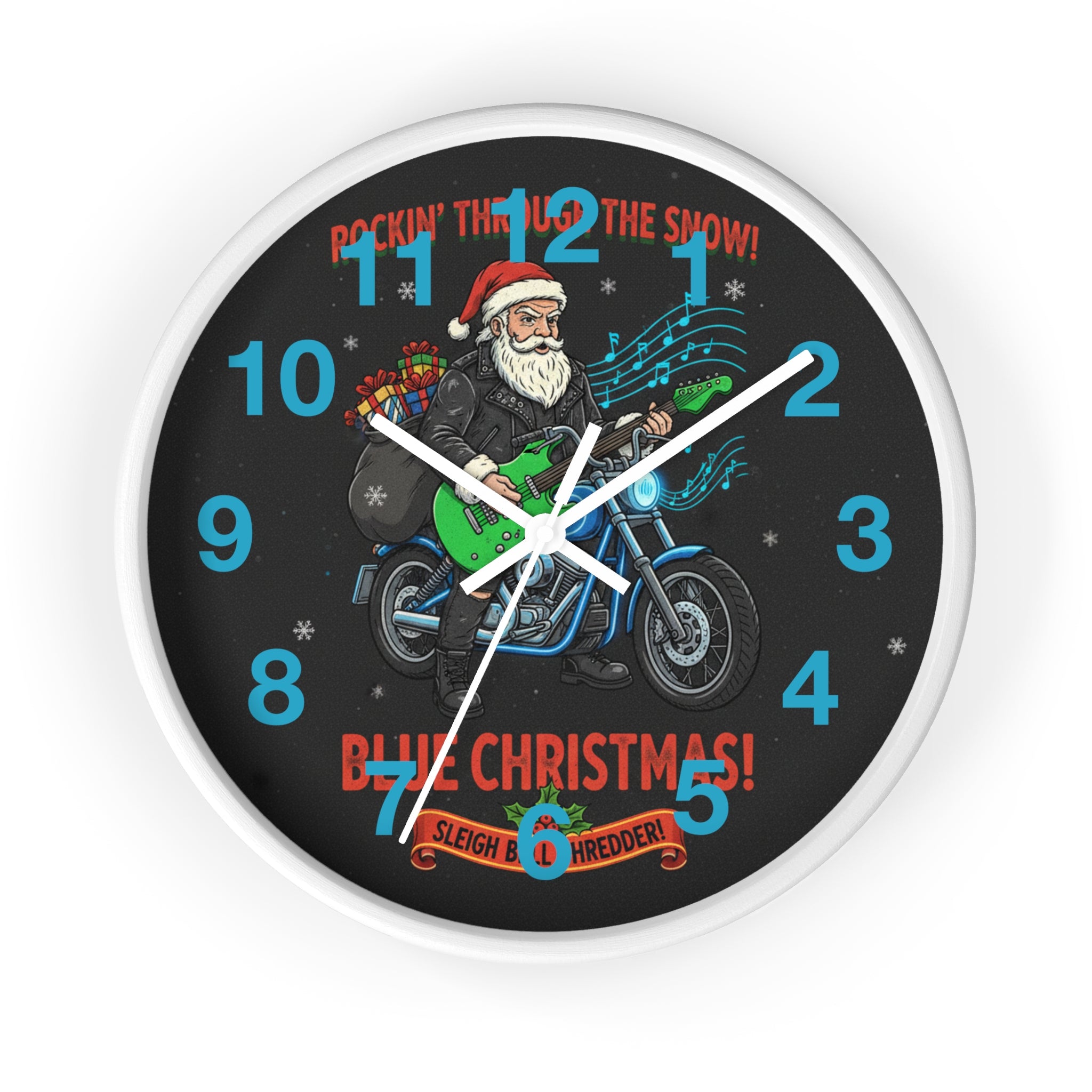 Blue Christmas Motorcycle Santa Wall Clock — 'Rockin' Through The Snow' Holiday Decor