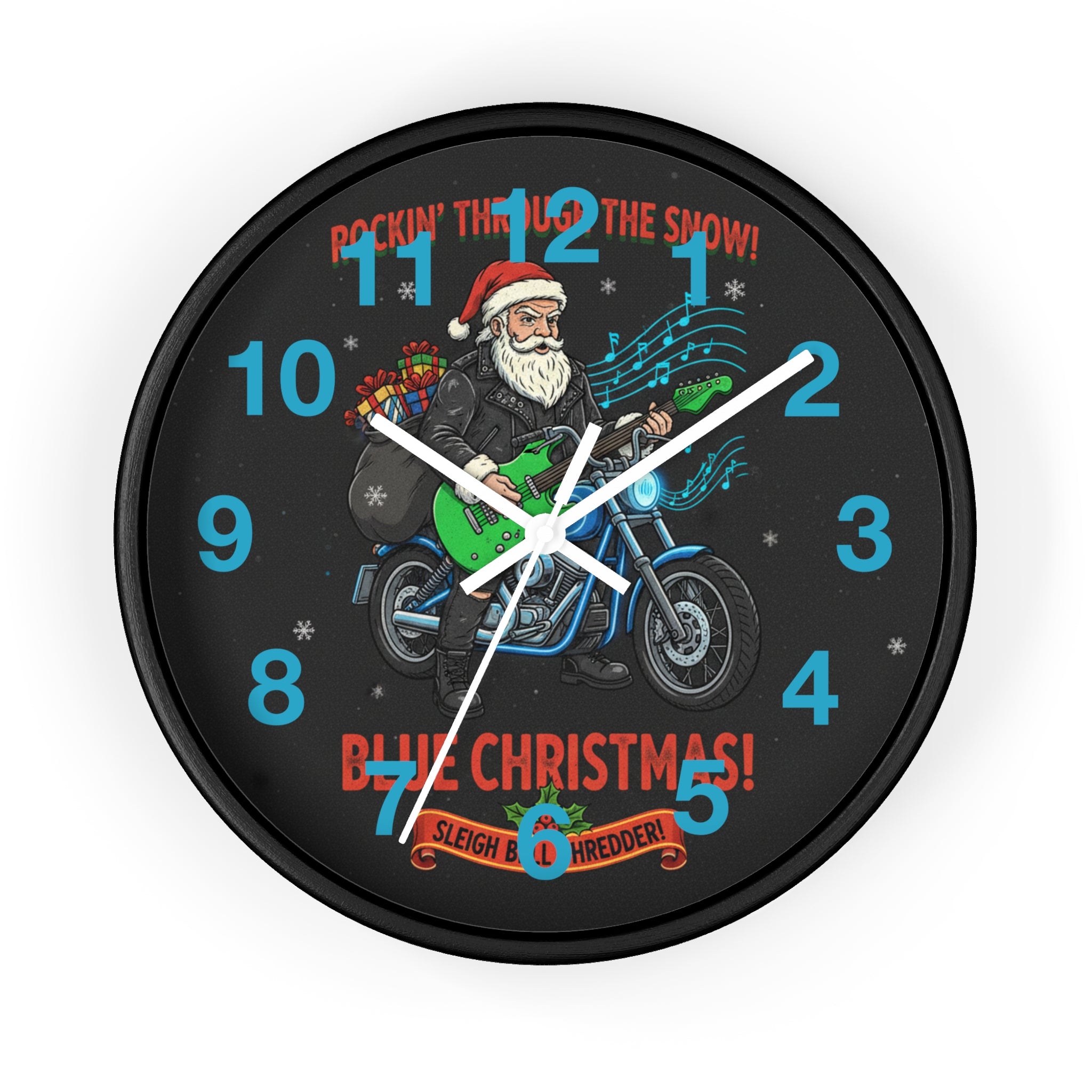 Blue Christmas Motorcycle Santa Wall Clock — 'Rockin' Through The Snow' Holiday Decor