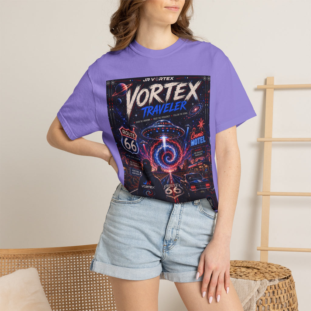 Vortex Traveler Graphic T-Shirt — Retro Route 66 Neon Space Design