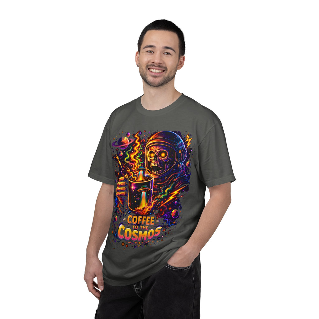 Coffee of the Cosmos T-Shirt — Neon Astronaut Skull Coffee Tee Printify