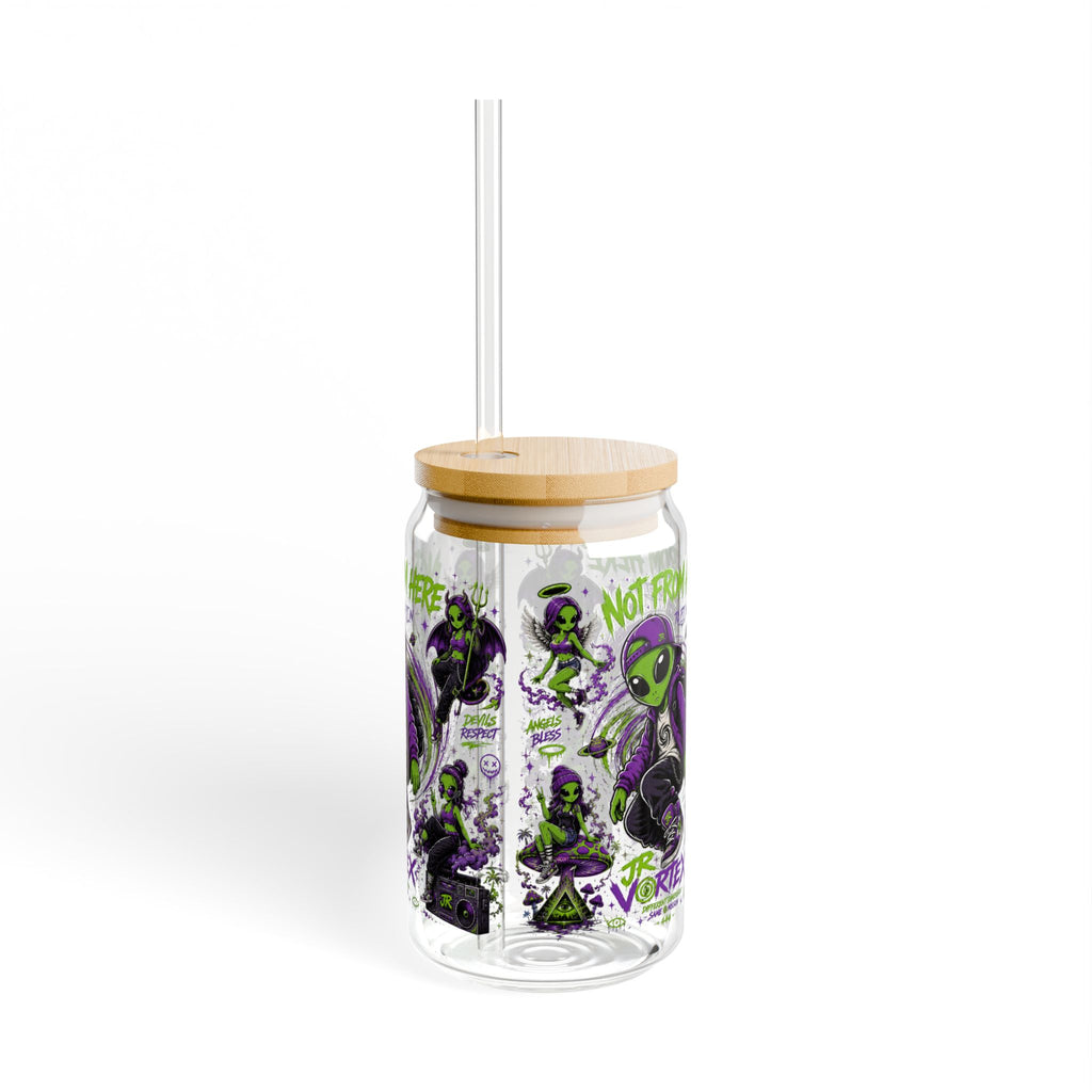 Alien Skate Sipper Glass – 16oz Eco Straw Tumbler with 'Not From Here' Graphic