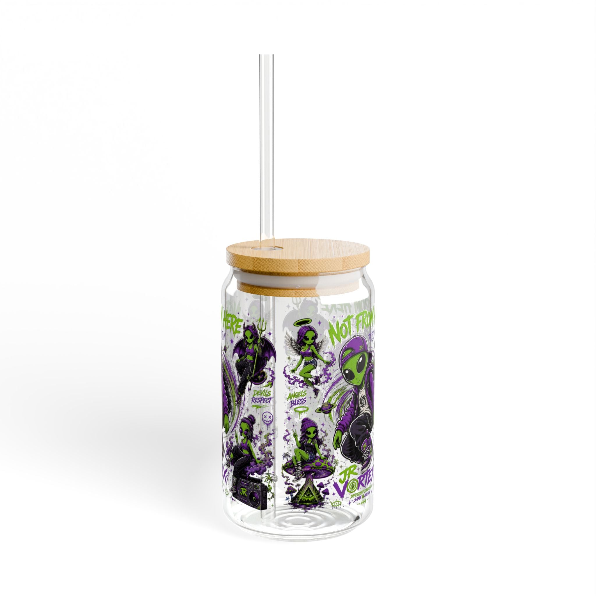 Alien Skate Sipper Glass – 16oz Eco Straw Tumbler with 'Not From Here' Graphic