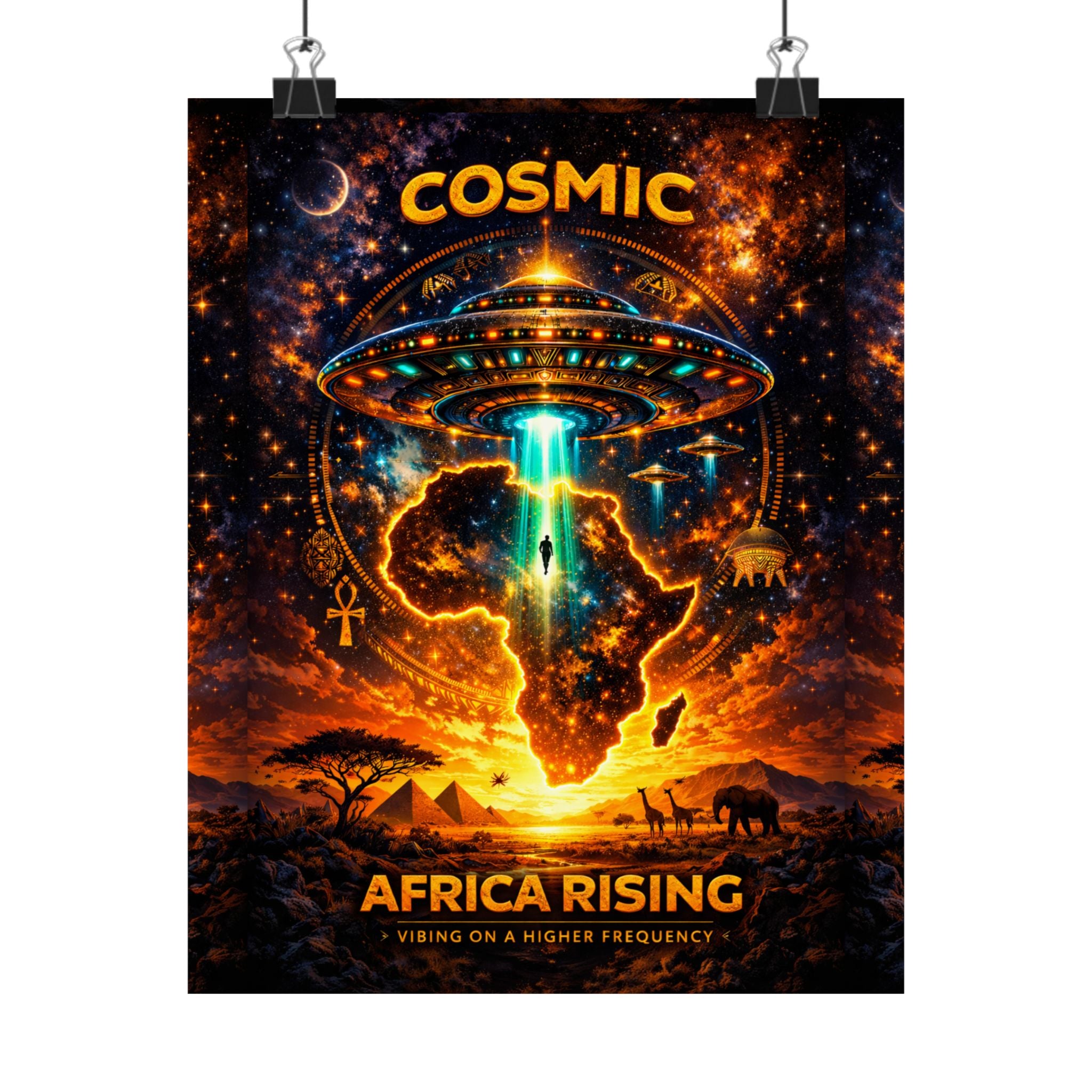 Cosmic Africa Rising Poster — Afro Futuristic UFO Wall Art