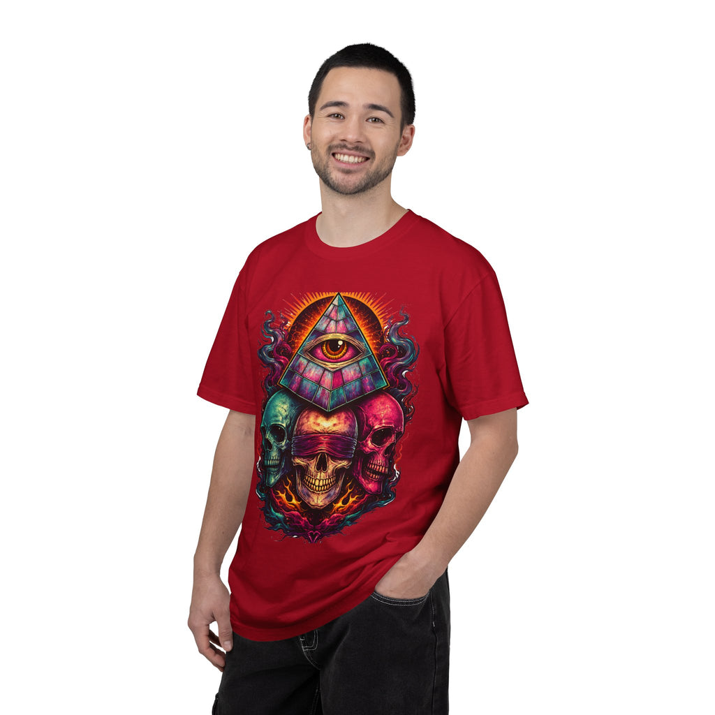 T-Shirt — Psychedelic All-Seeing Eye & Triple Skulls Graphic.       💀 i got make tags for for this Printify