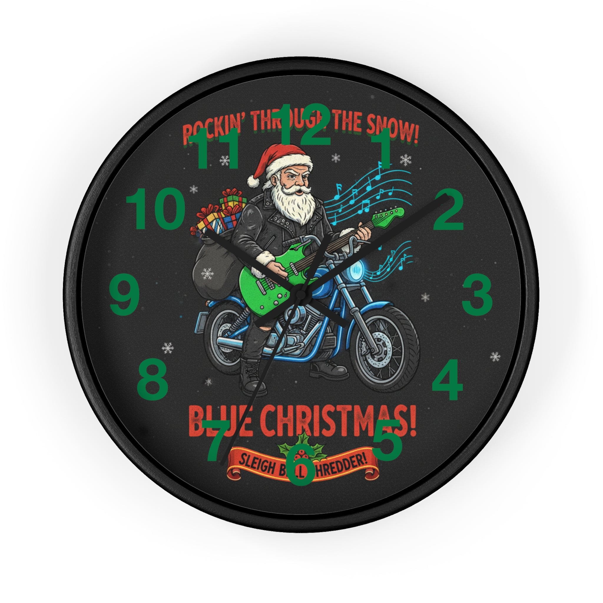 Blue Christmas Motorcycle Santa Wall Clock — Rockin' Through the Snow Holiday Decor