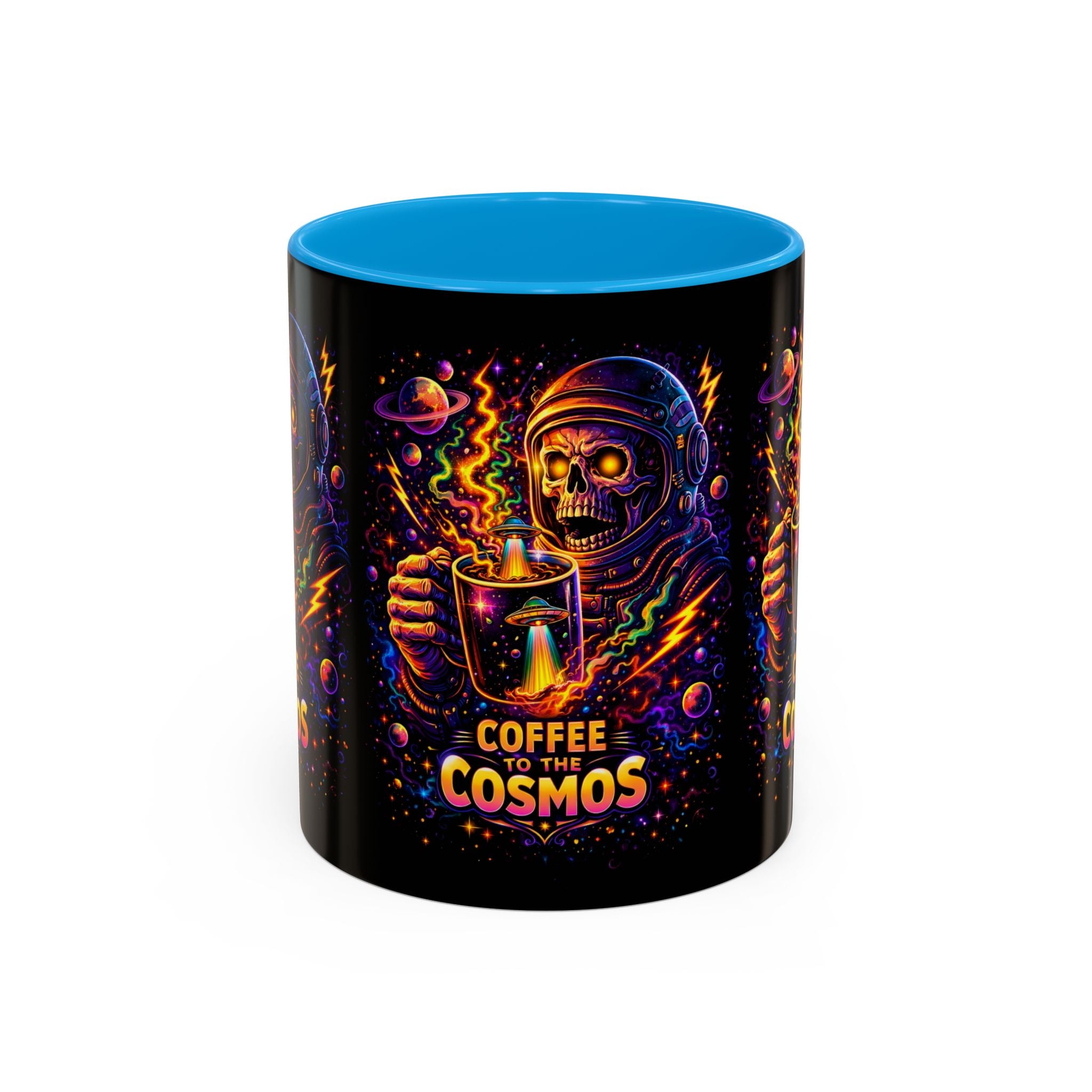 Coffee to the Cosmos Mug — Neon Space Skull Coffee Mug (11oz/15oz) Printify