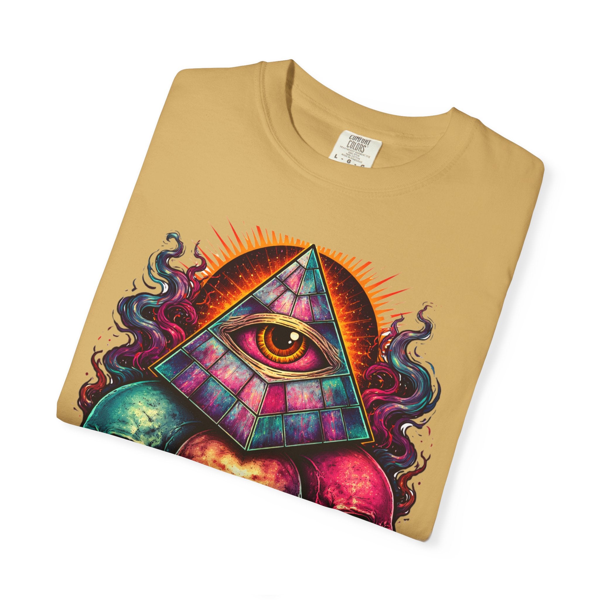 T-Shirt — Psychedelic All-Seeing Eye & Triple Skulls Graphic.       💀 i got make tags for for this Printify