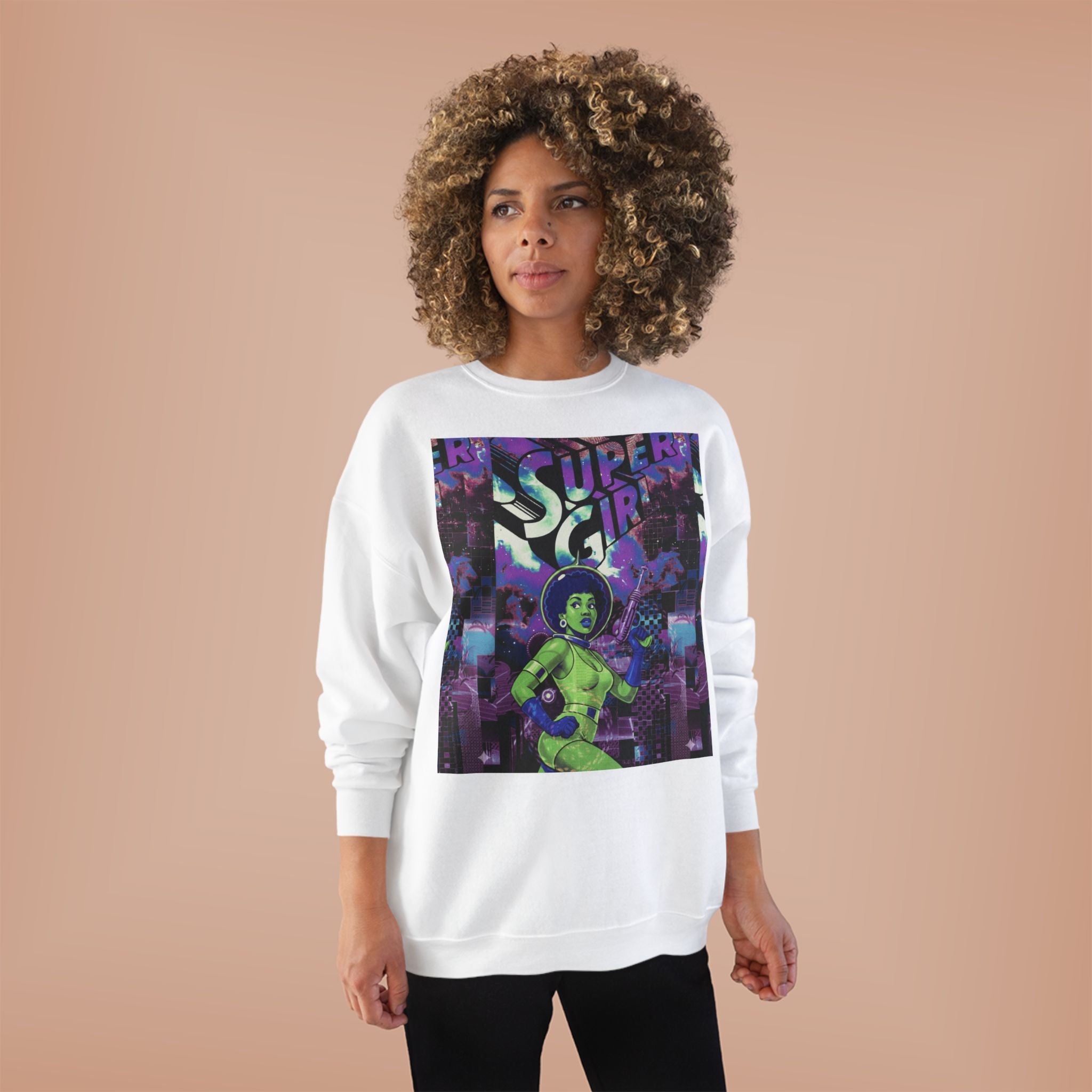 Retro Sci‑Fi 'Supergirl' Graphic Sweatshirt — Neon Space Comic Crewneck