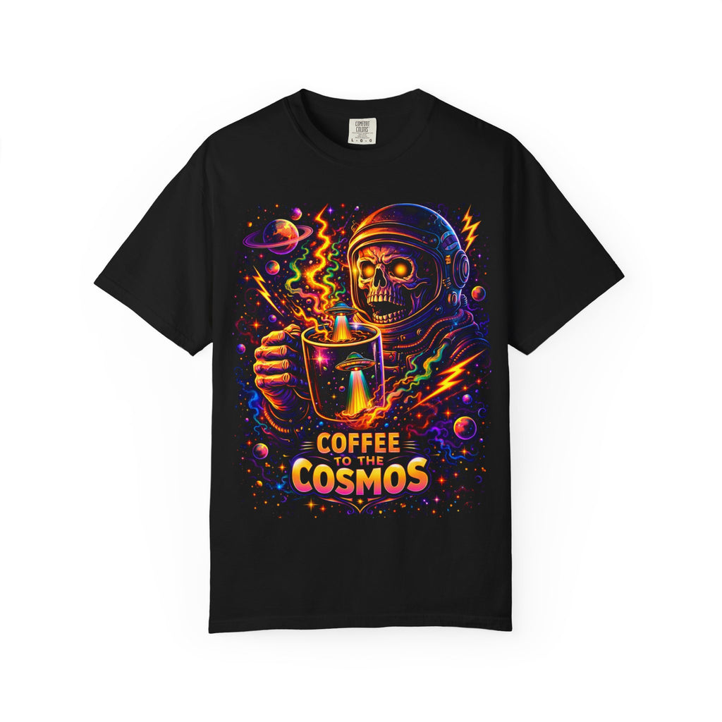 Coffee of the Cosmos T-Shirt — Neon Astronaut Skull Coffee Tee Printify